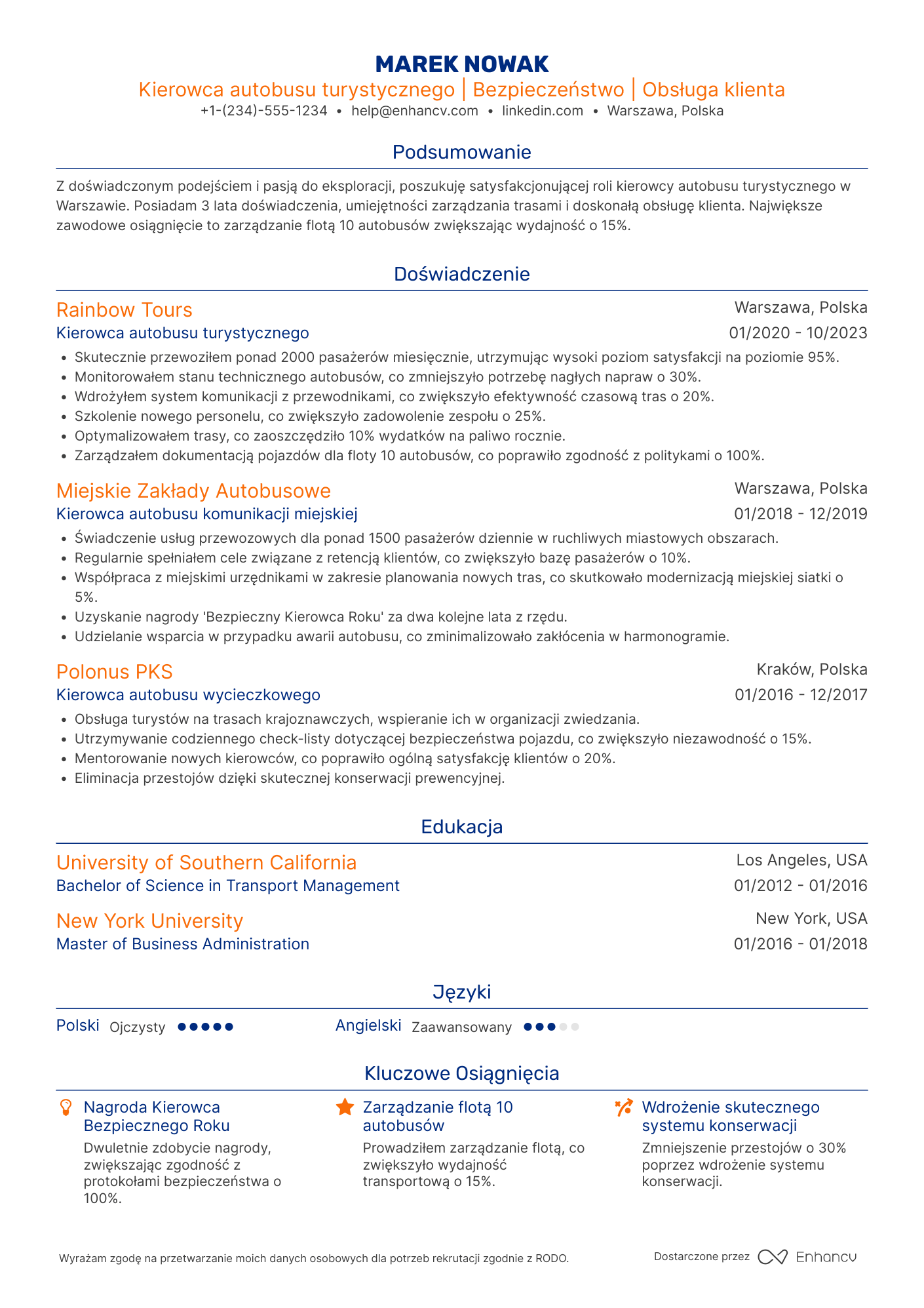 CV dla Kierowca autobusu turystycznego