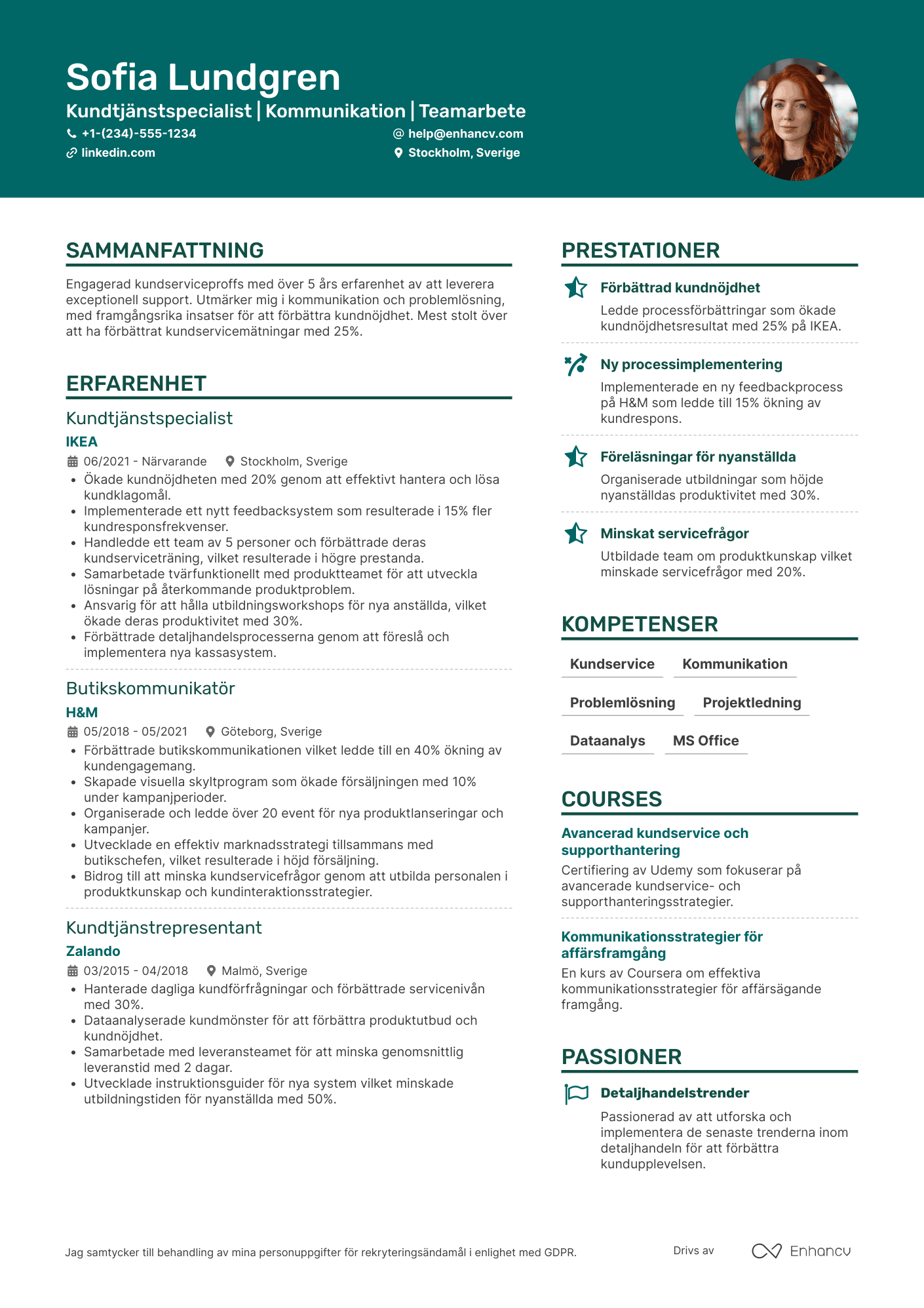 CV för Kundtjänstrepresentant Detaljhandel