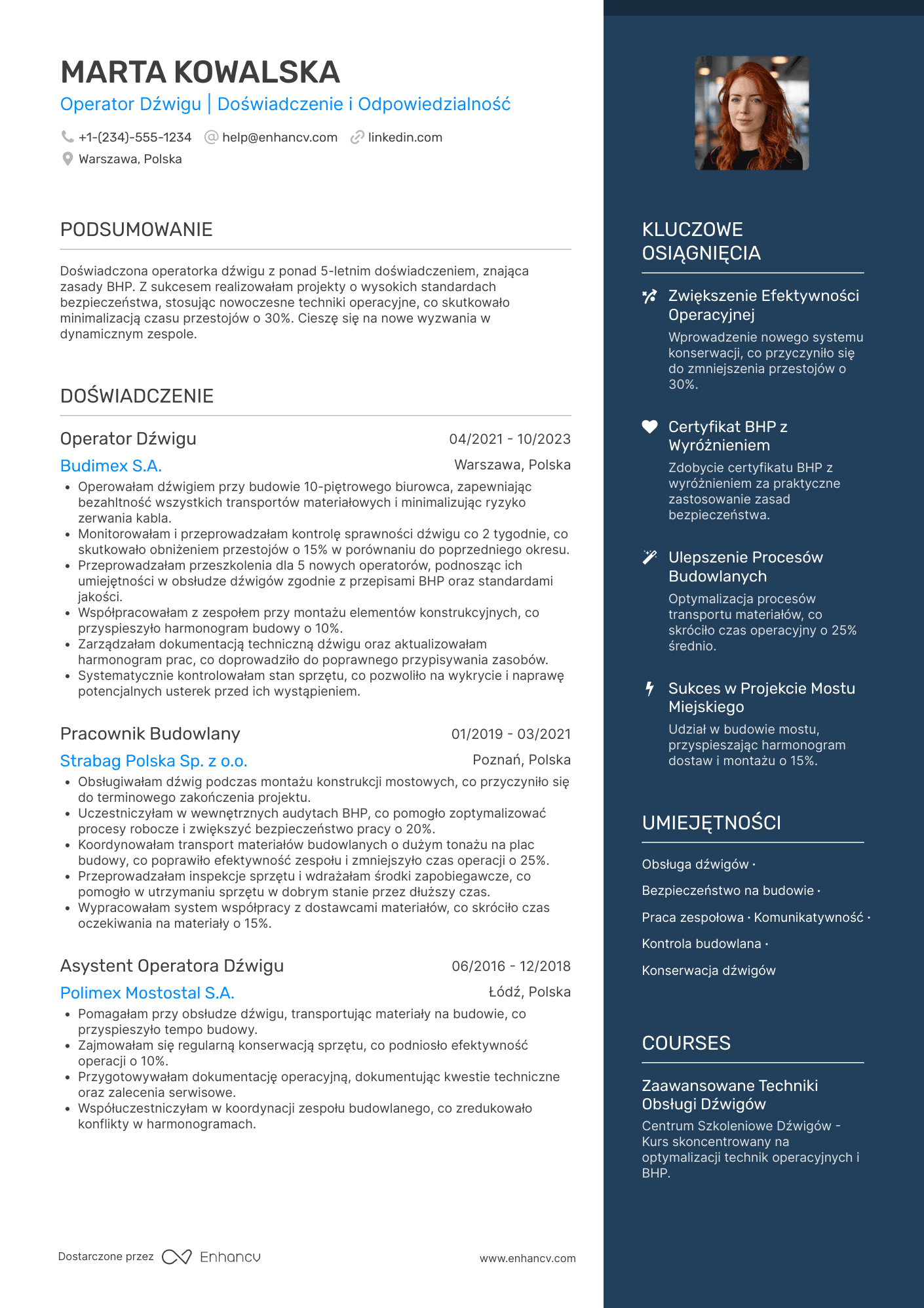 CV dla Pracownik Budowlany Operator Dźwigu