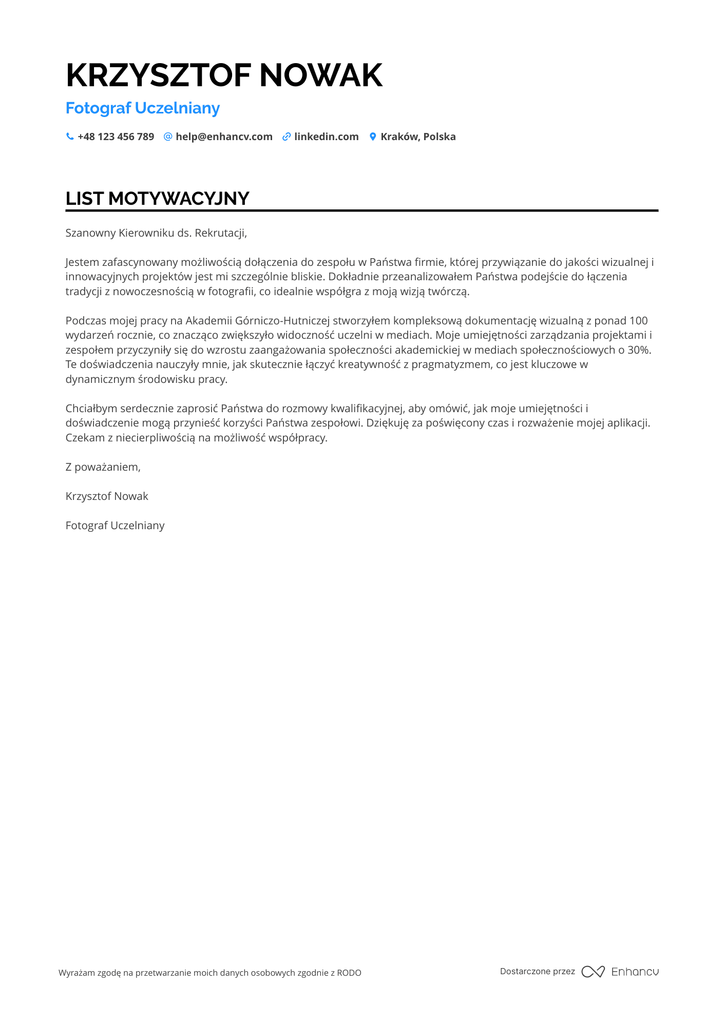 List motywacyjny dla Fotograf uczelniany
