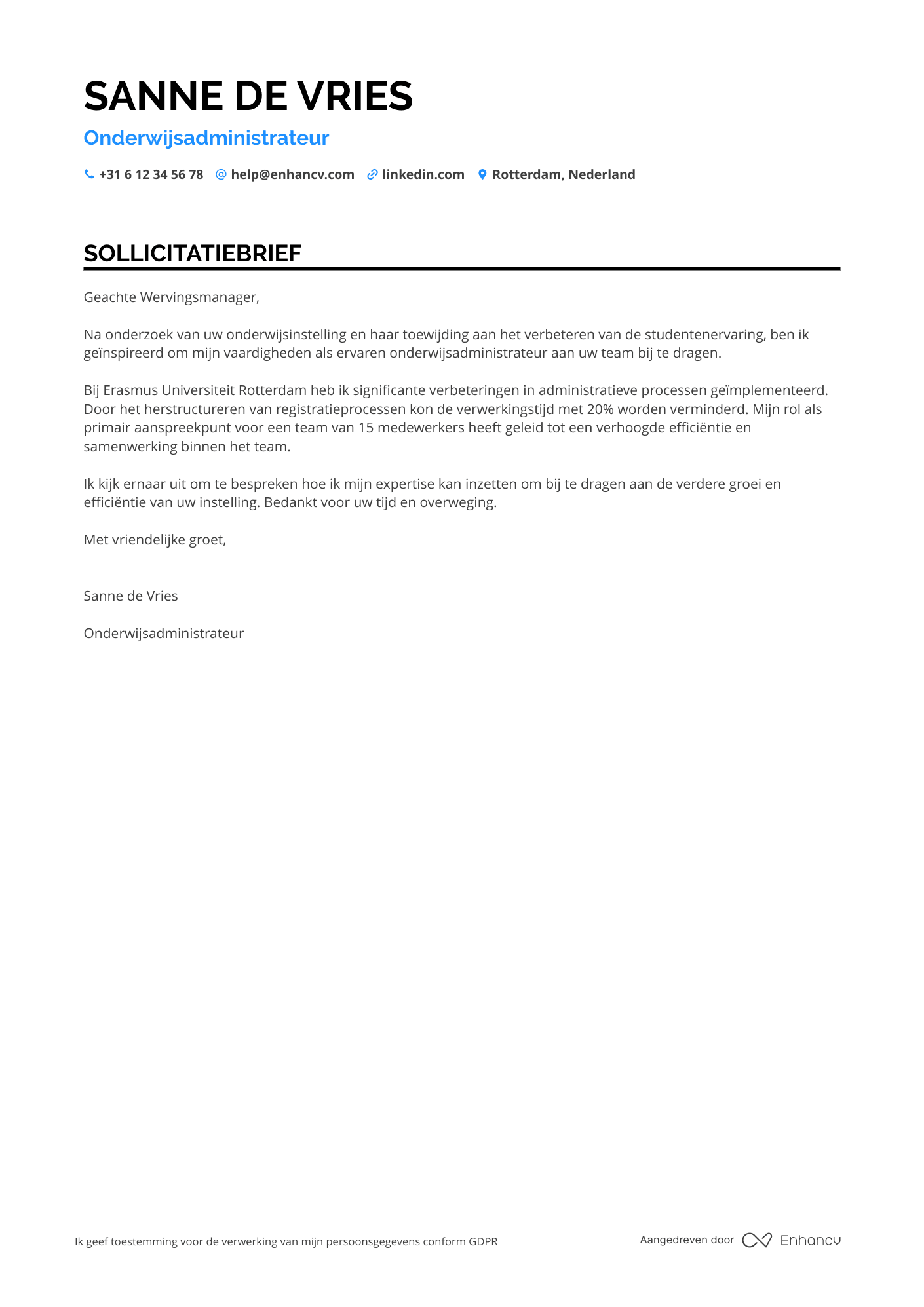 Sollicitatiebrief voor Carriereswitch Education Administrator