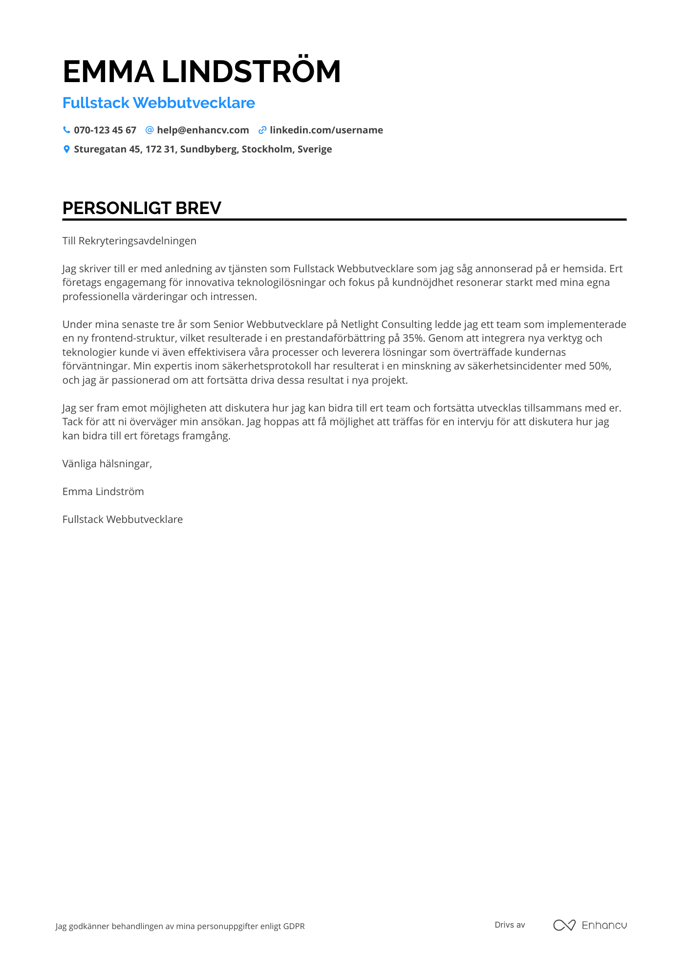 Personligt brev för Fullstack Webbutvecklare
