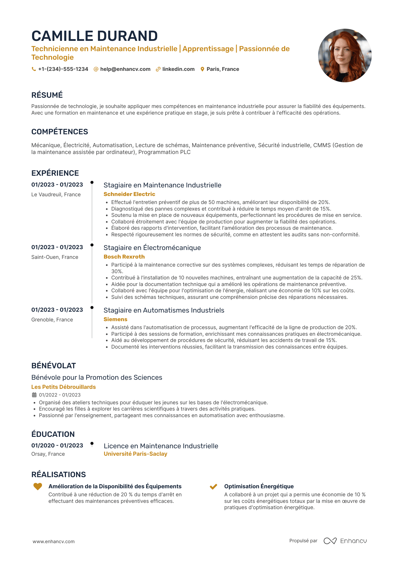 CV de technicien de maintenance industrielle débutant