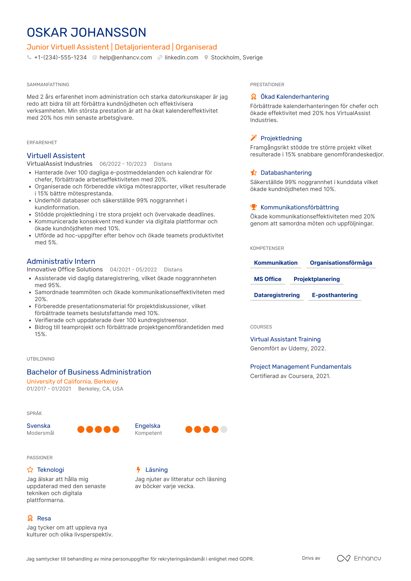 CV för Junior Virtuell Assistent