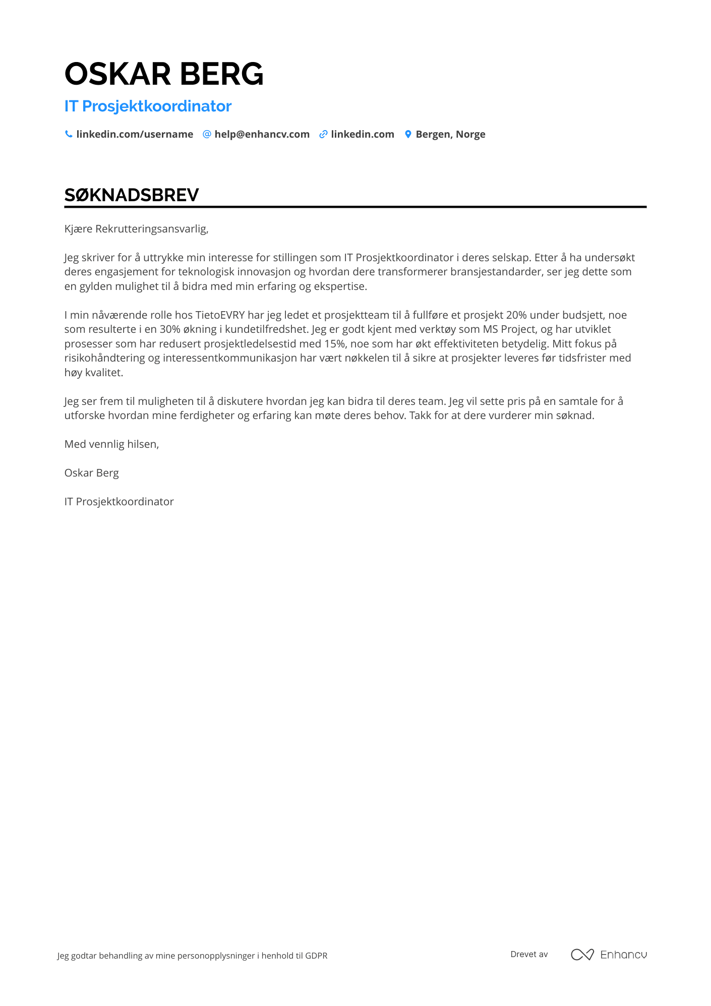 Søknadsbrev for IT Prosjektkoordinator