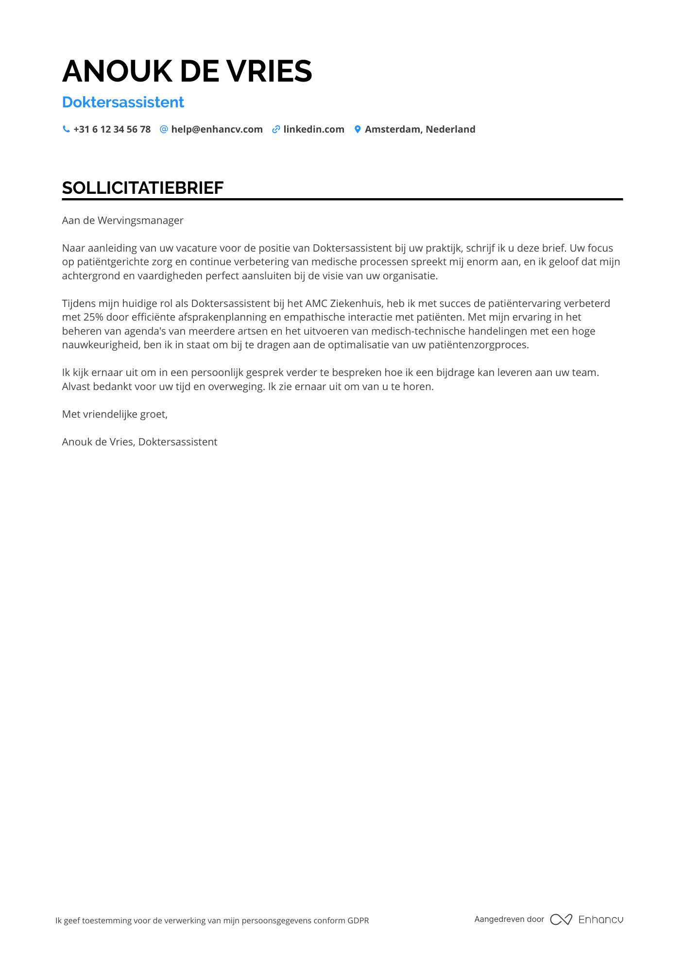 Sollicitatiebrief voor Doktersassistent Huisartspraktijk