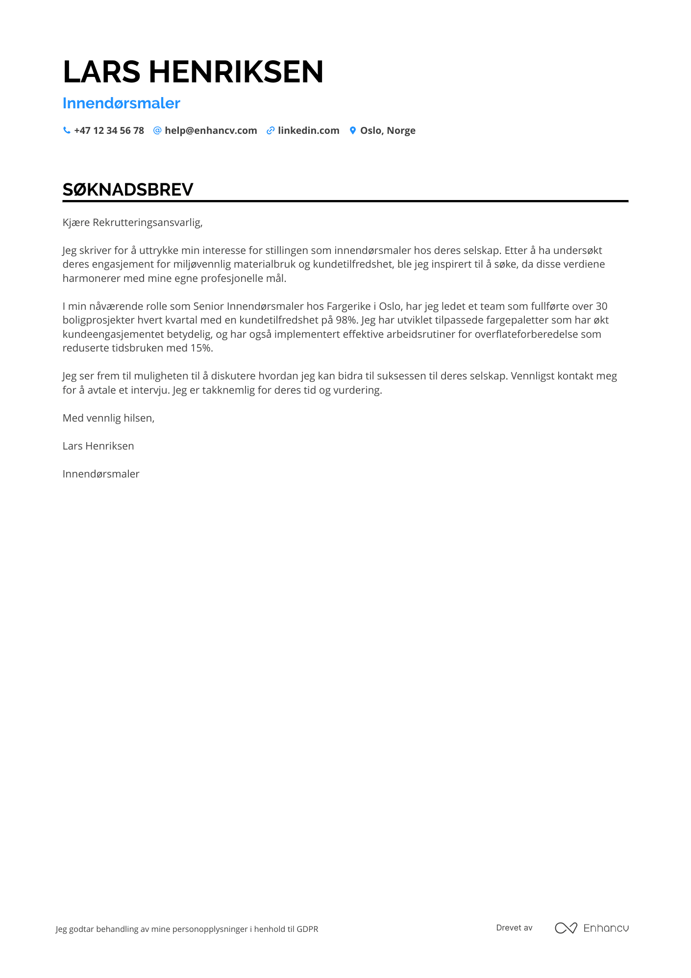 Søknadsbrev for Innendørsmaler