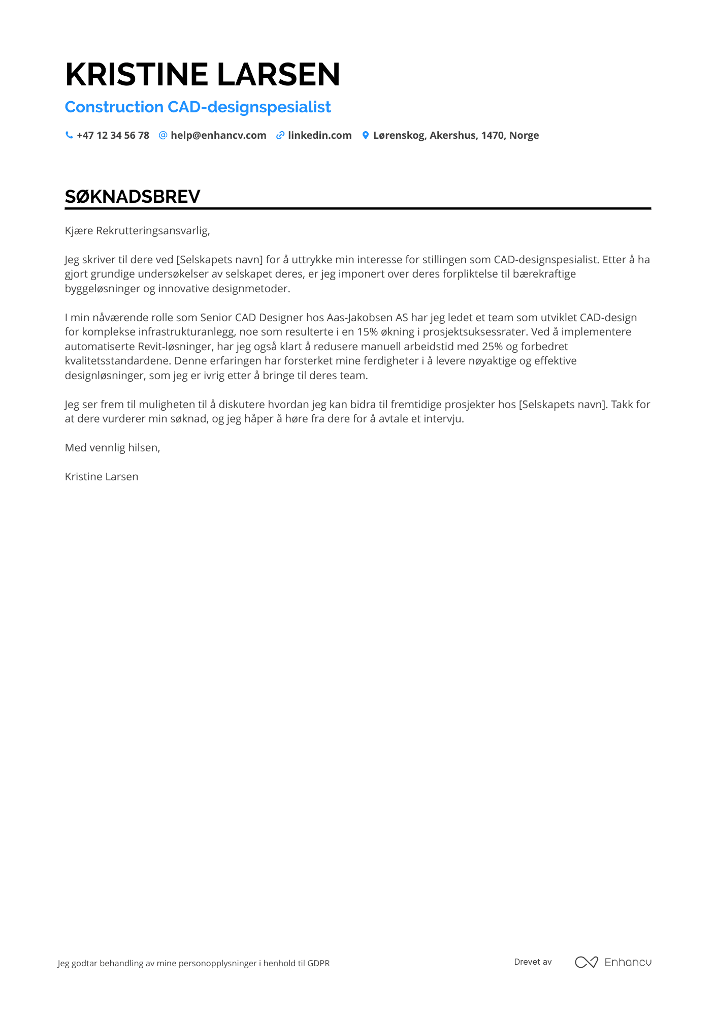 Søknadsbrev for Construction CAD designspesialist