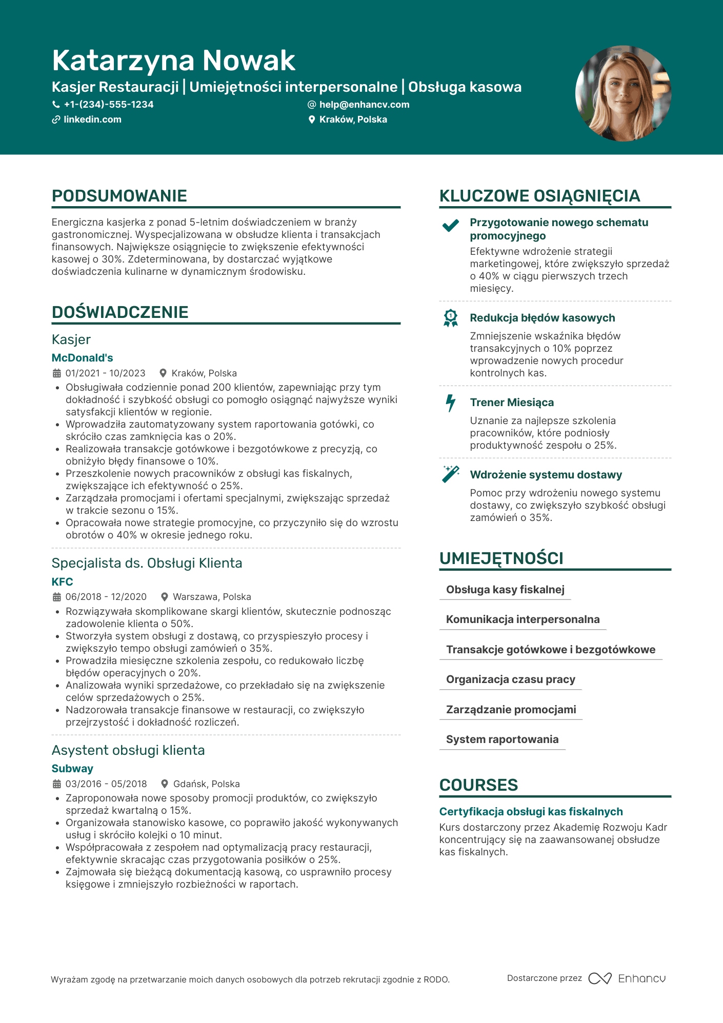 CV dla Kasjer Restauracji