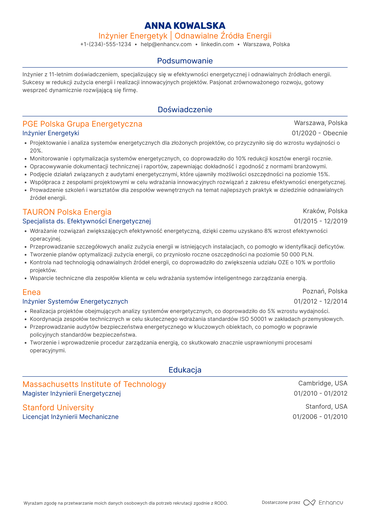 CV dla Inżynier Energetyki