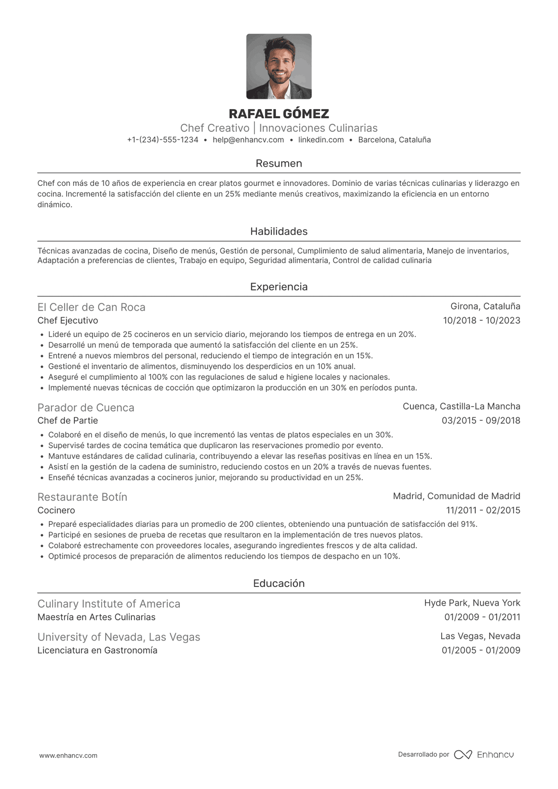 CV para cocinero o chef