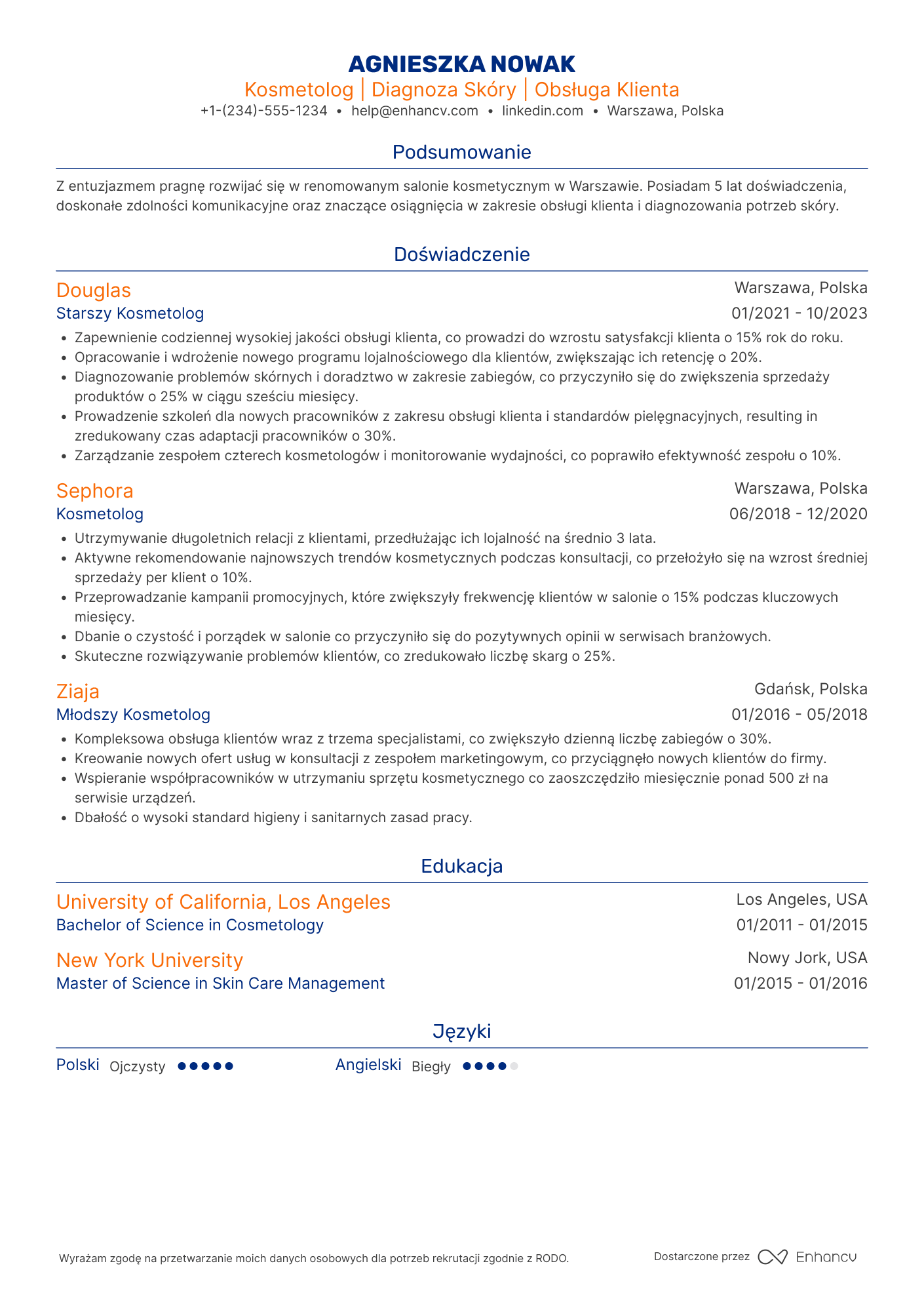 CV dla Kosmetolog Stażysta