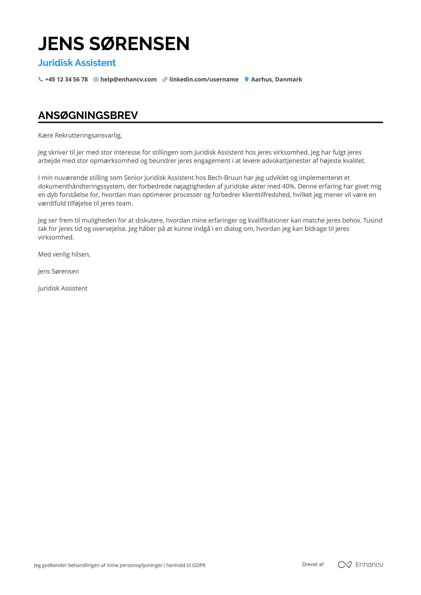 Ansøgningsbrev til Juridisk assistent