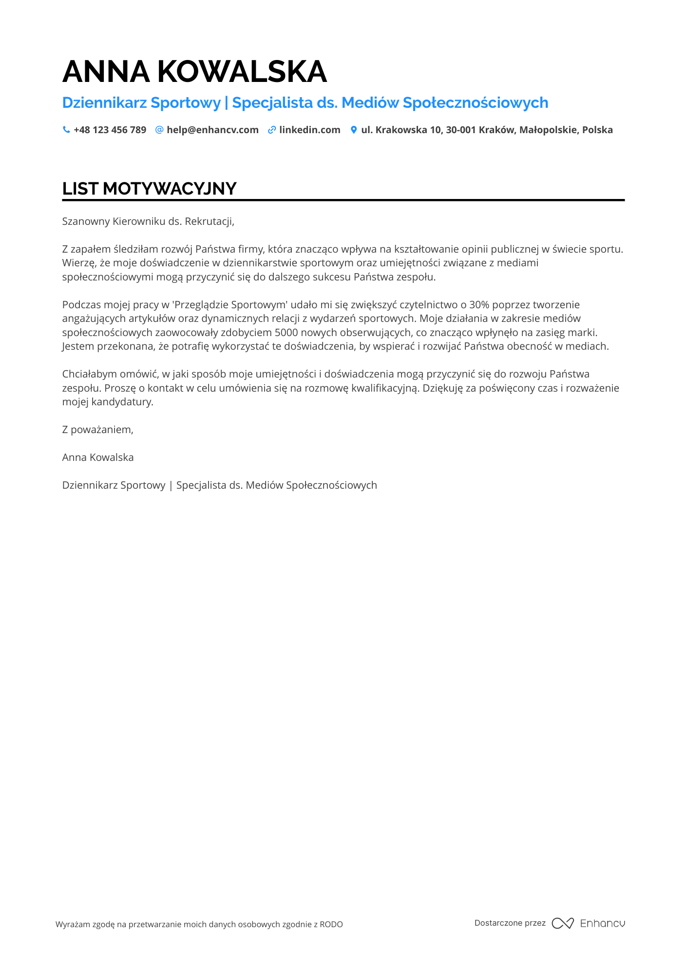 List motywacyjny dla Dziennikarz Sportowy