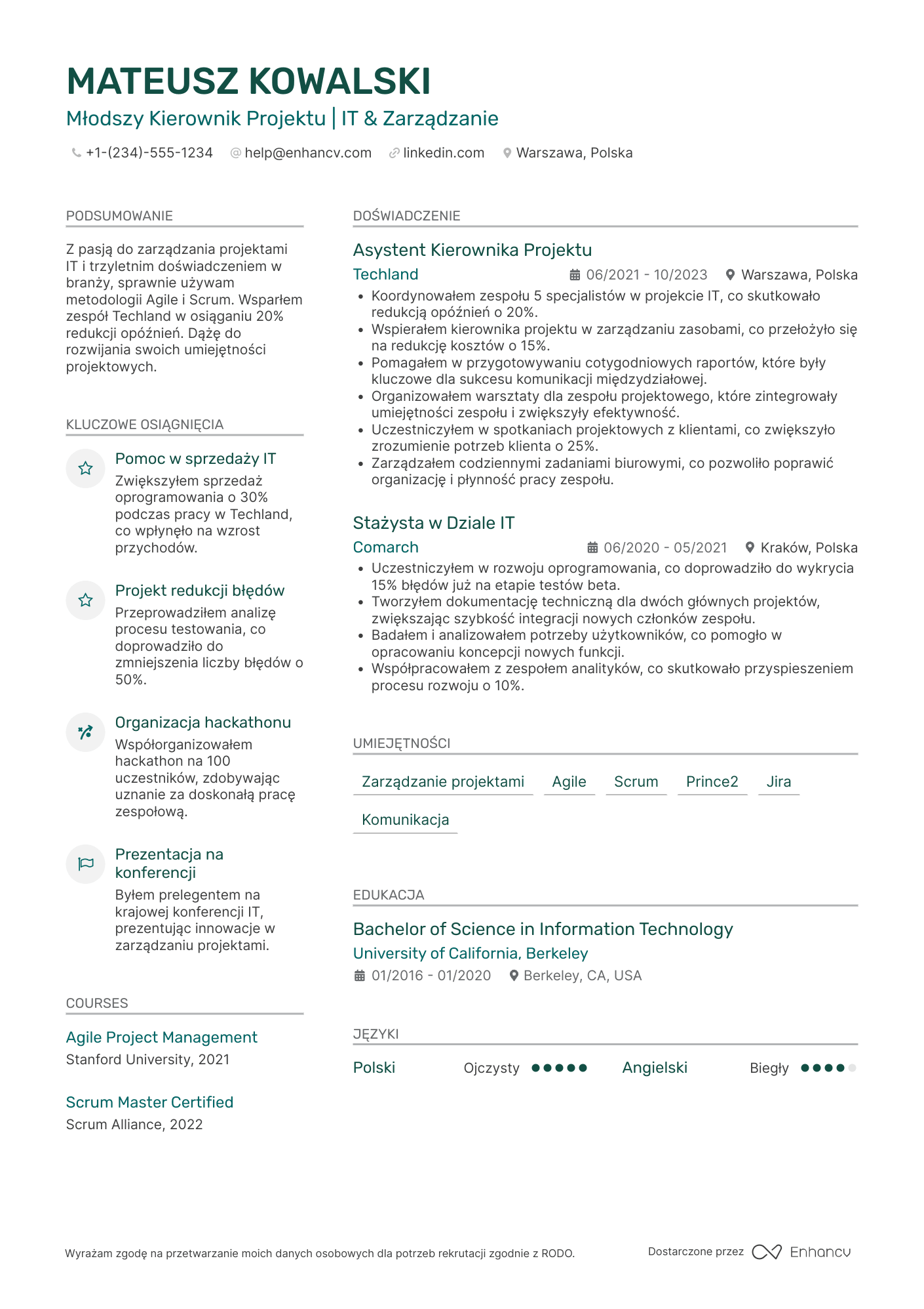 CV dla Młodszy Kierownik Projektu