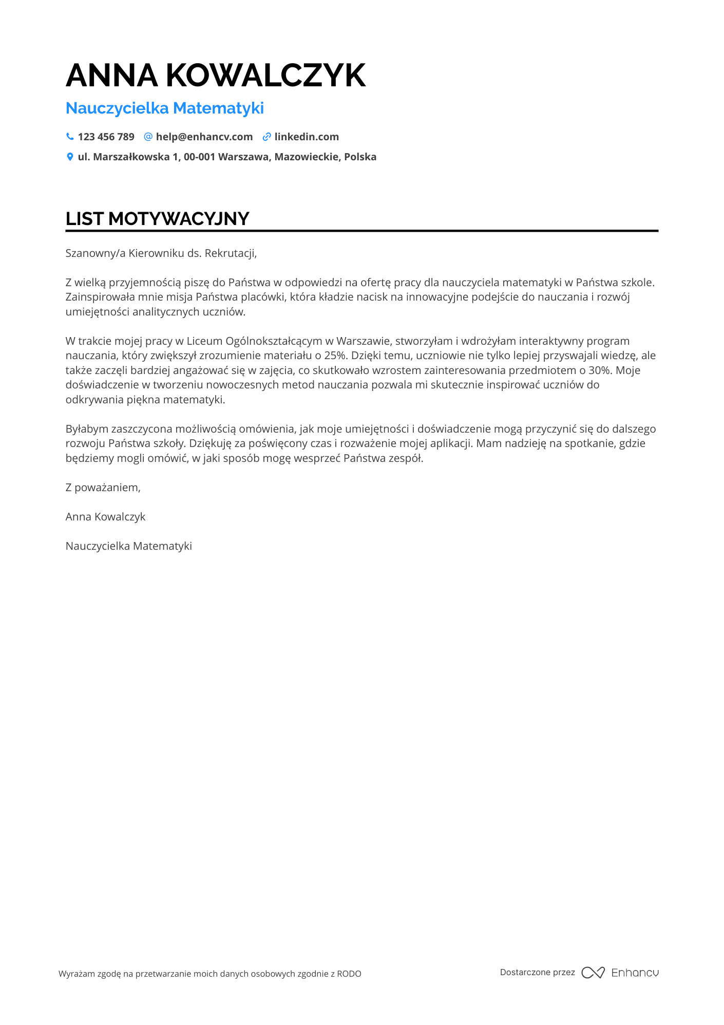 List motywacyjny dla Nauczyciel Matematyki Krótkoterminowy