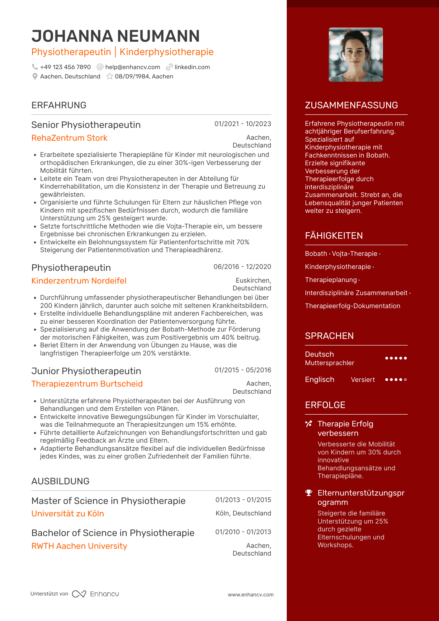 Lebenslauf als Physiotherapeut in der Pädiatrie