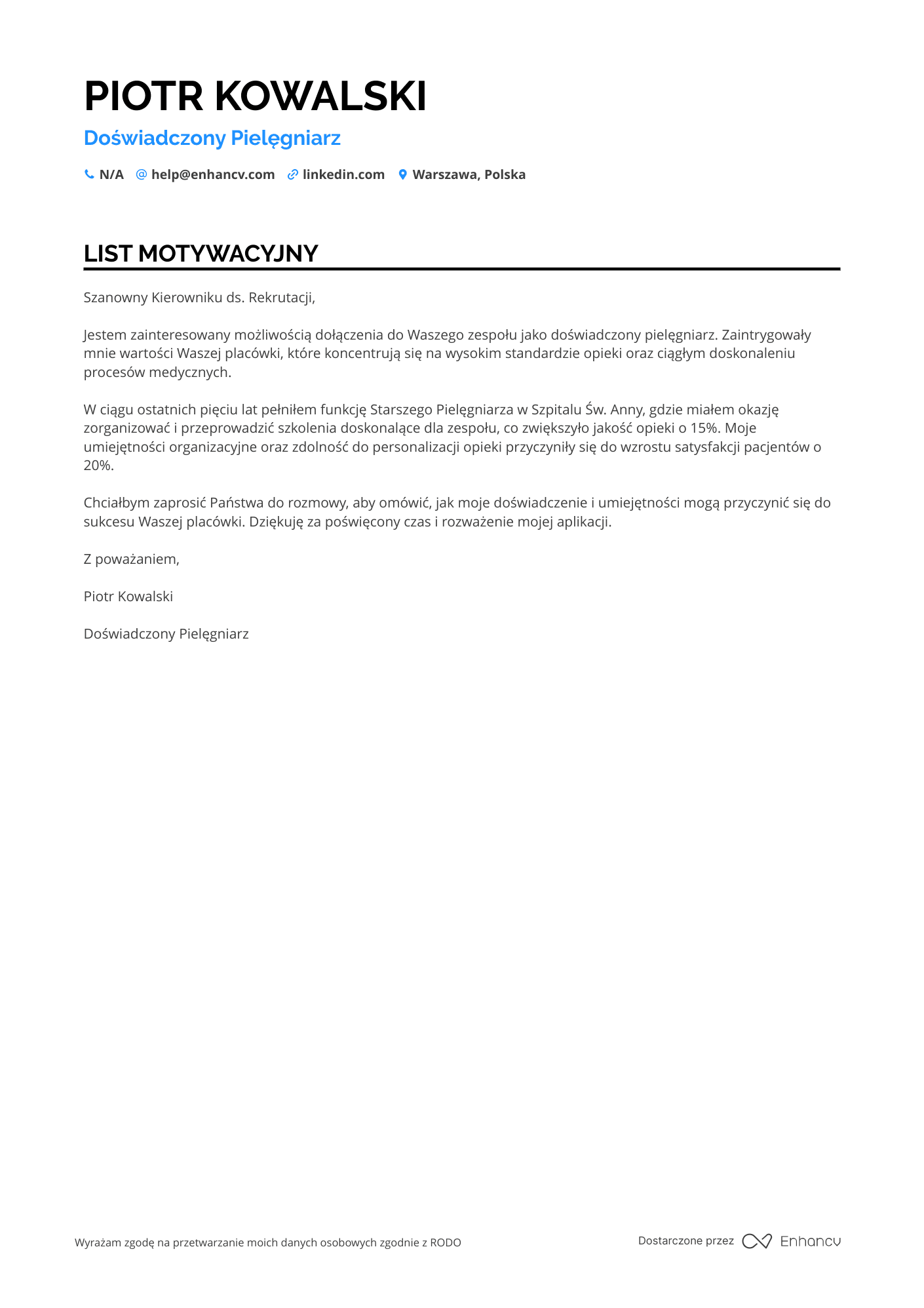 List motywacyjny dla Pielęgniarka w Przychodni