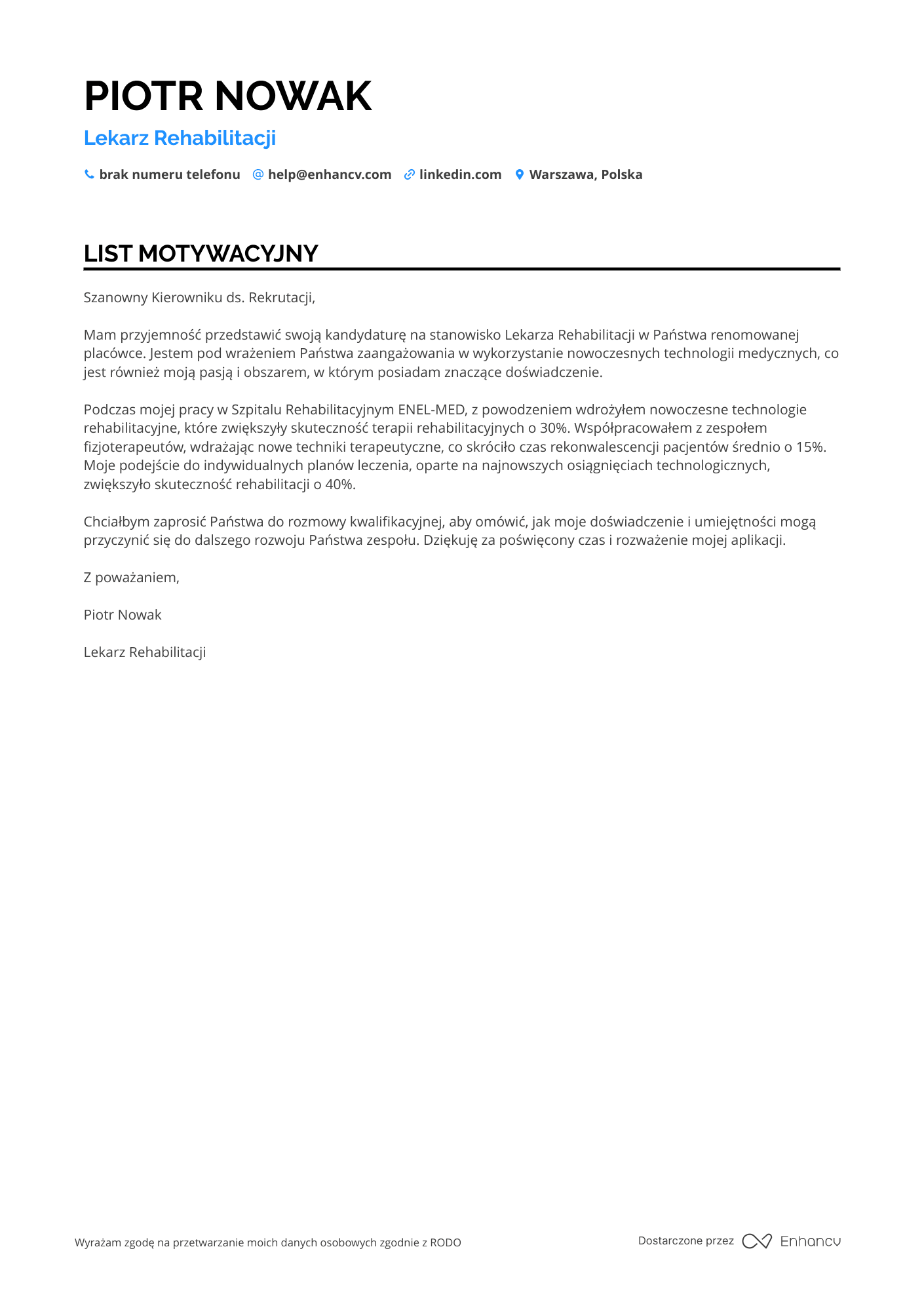 List motywacyjny dla Lekarz Rehabilitacji
