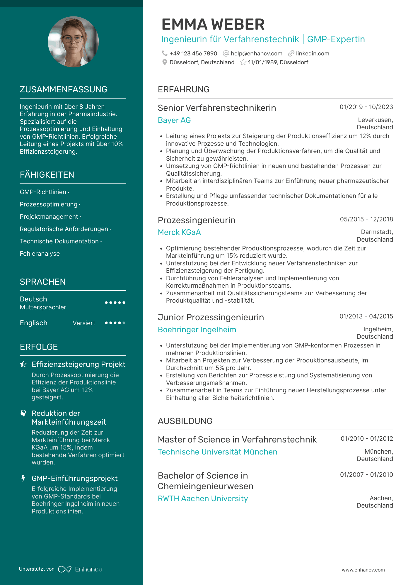 Lebenslauf in Ingenieur für Pharmaindustrie