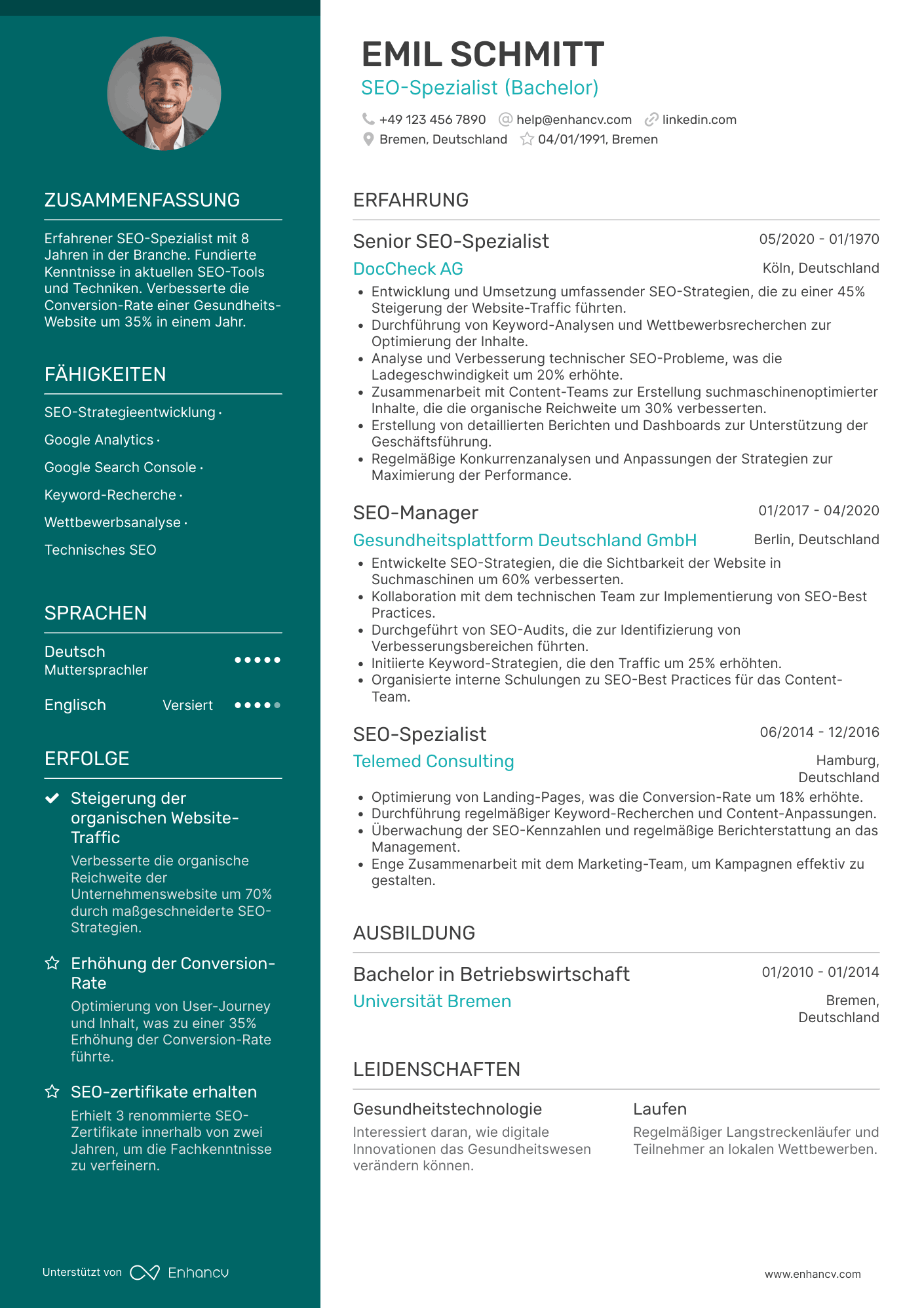 Lebenslauf in SEO Spezialist für die Gesundheitsbranche