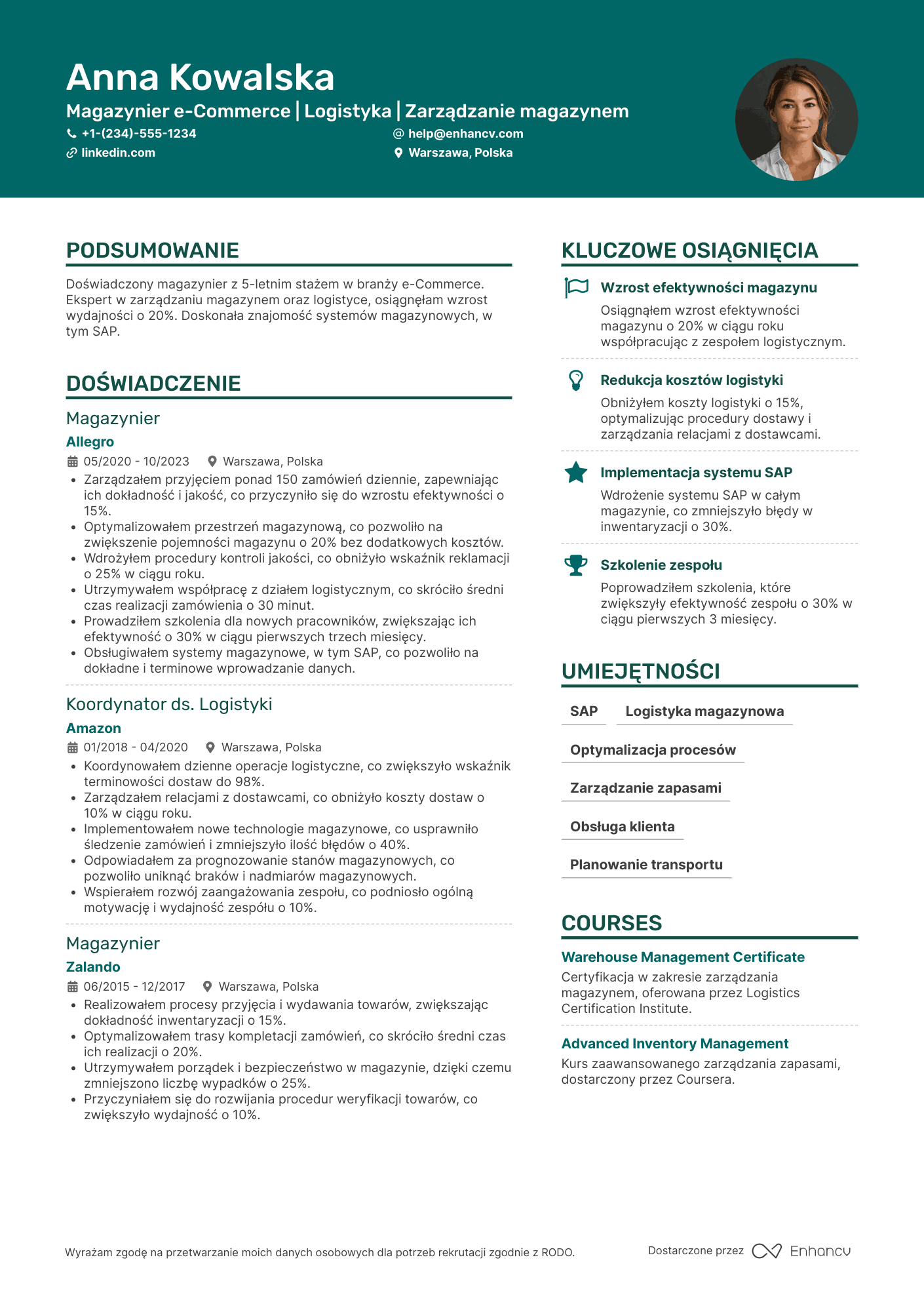 CV dla Magazynier e Commerce