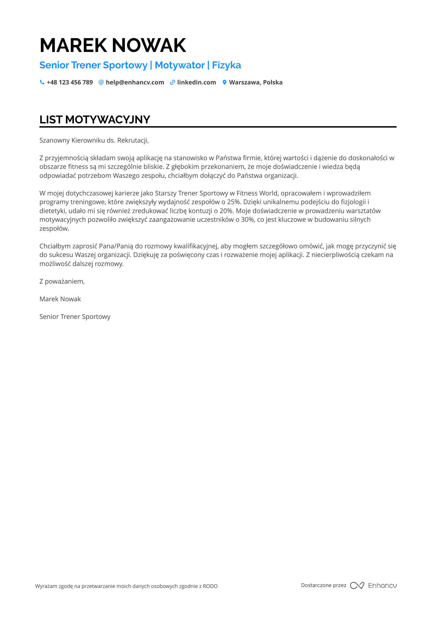 List motywacyjny dla Trener Sportowy