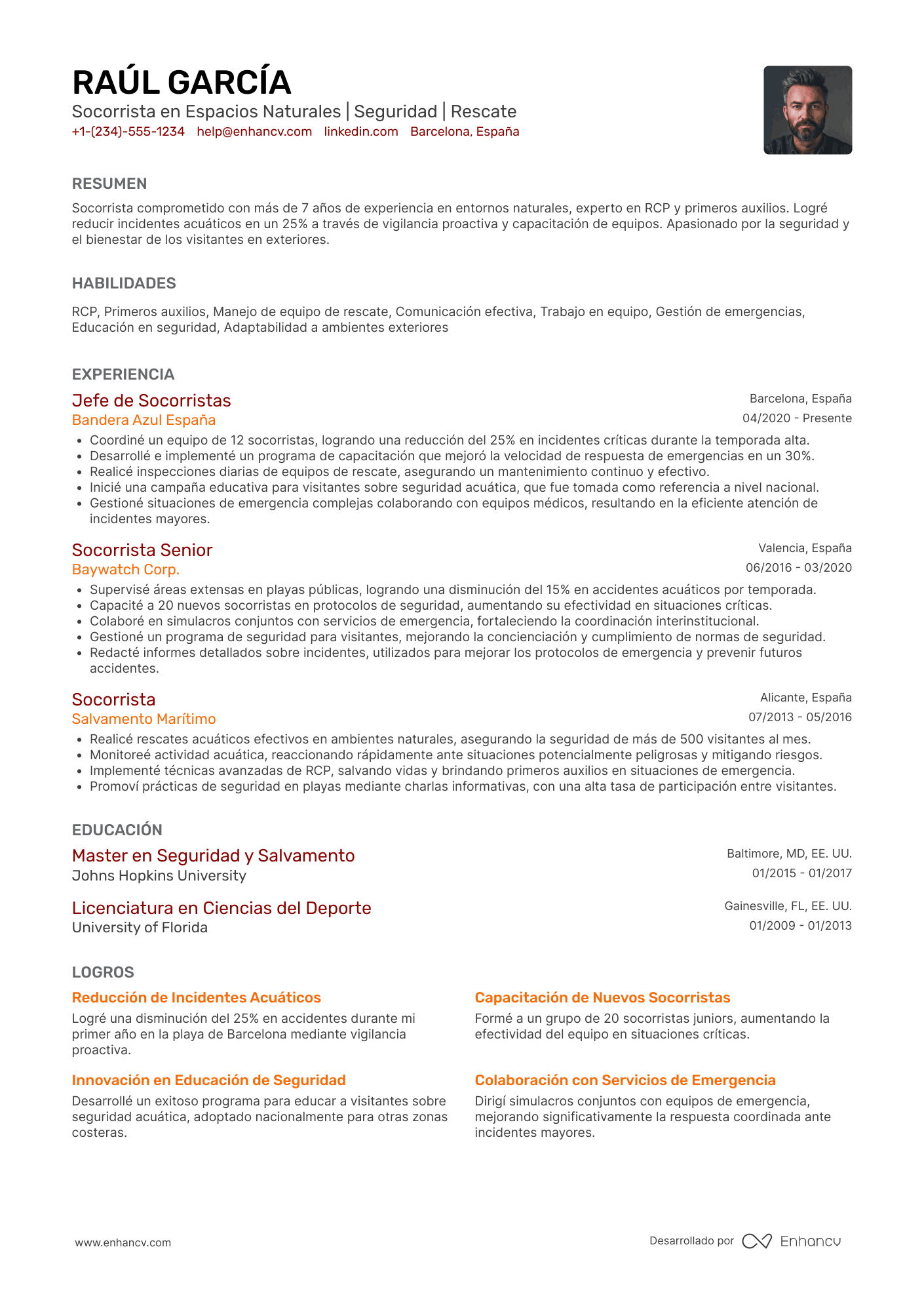 Ejemplo de CV para socorrista en espacios naturales