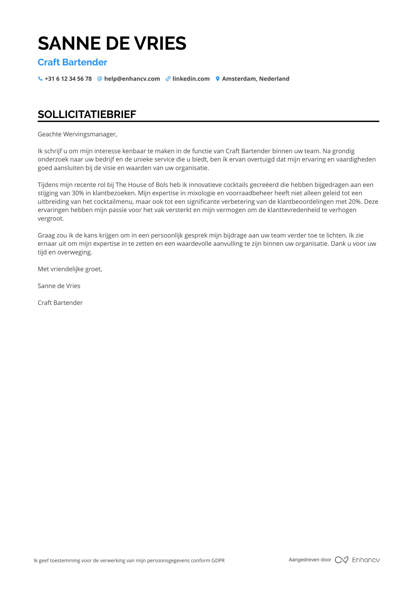 Sollicitatiebrief voor Craft Bartender