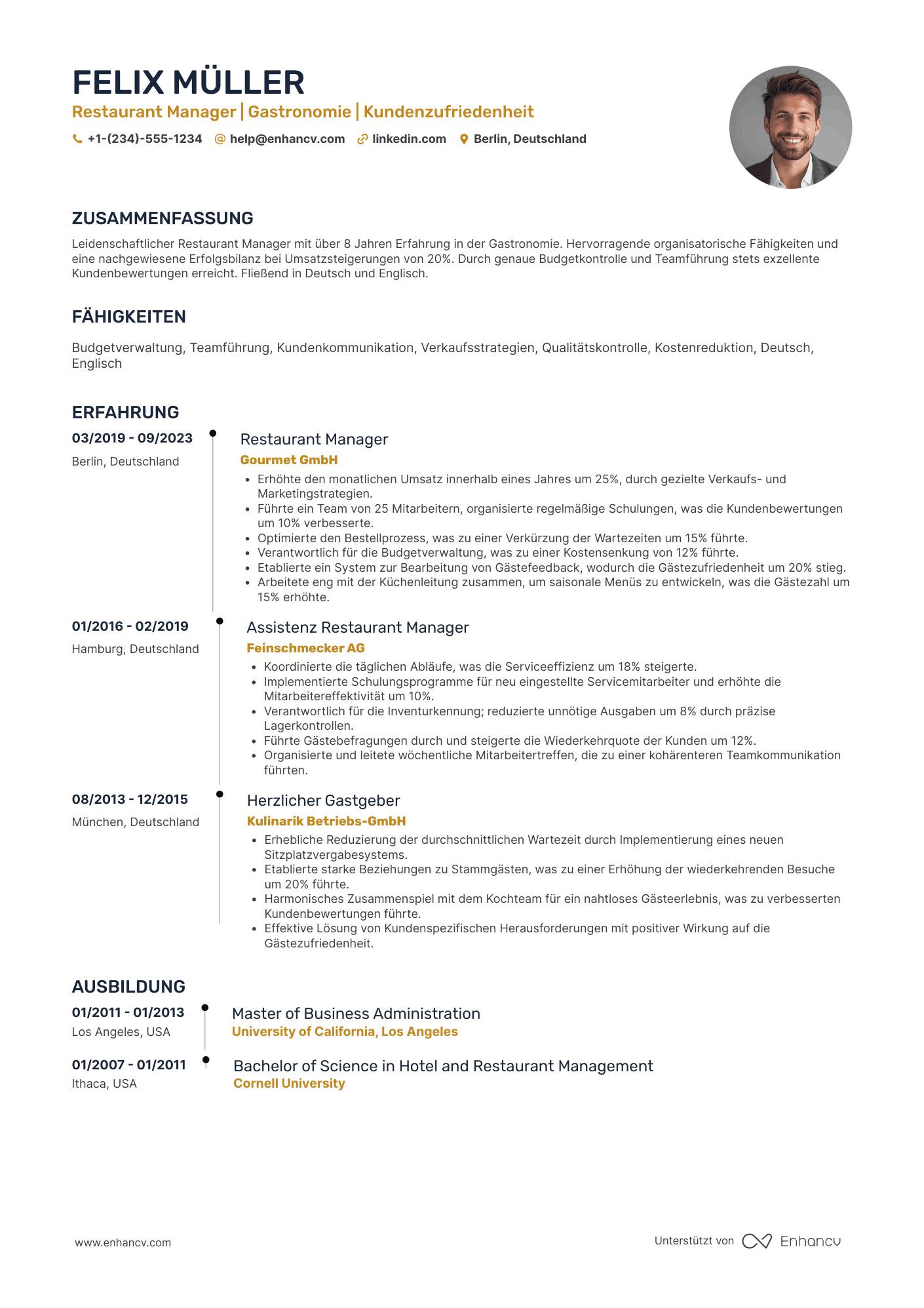 Lebenslauf Restaurant Manager