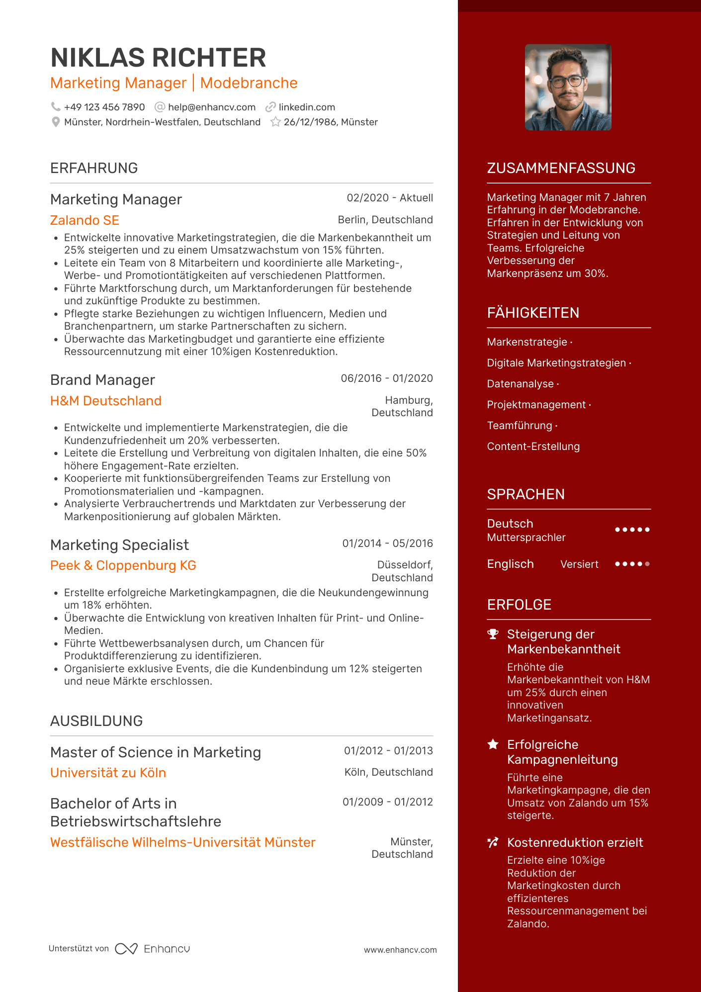 Lebenslauf in Marketing Manager in der Modebranche