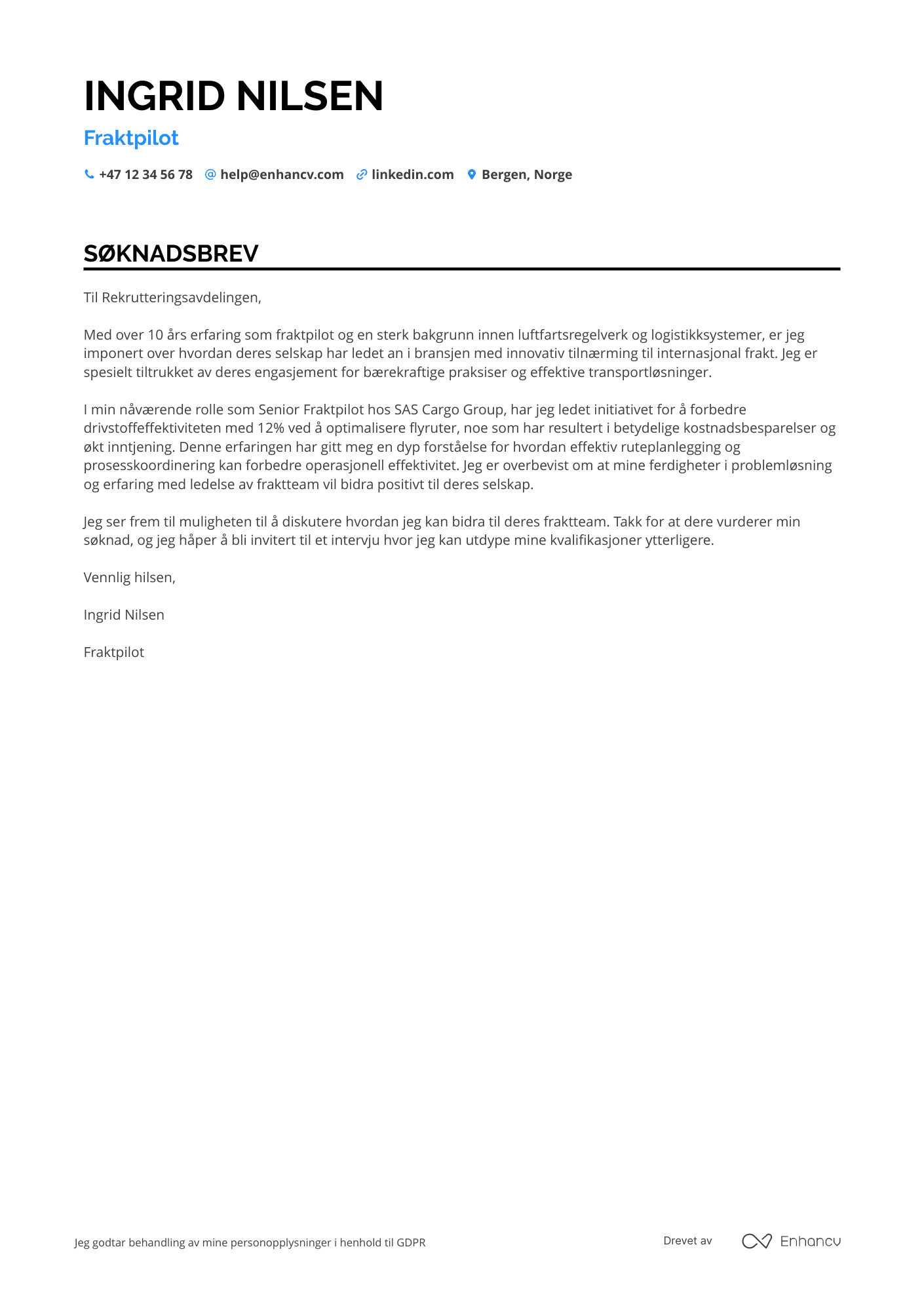 Søknadsbrev for Fraktpilot