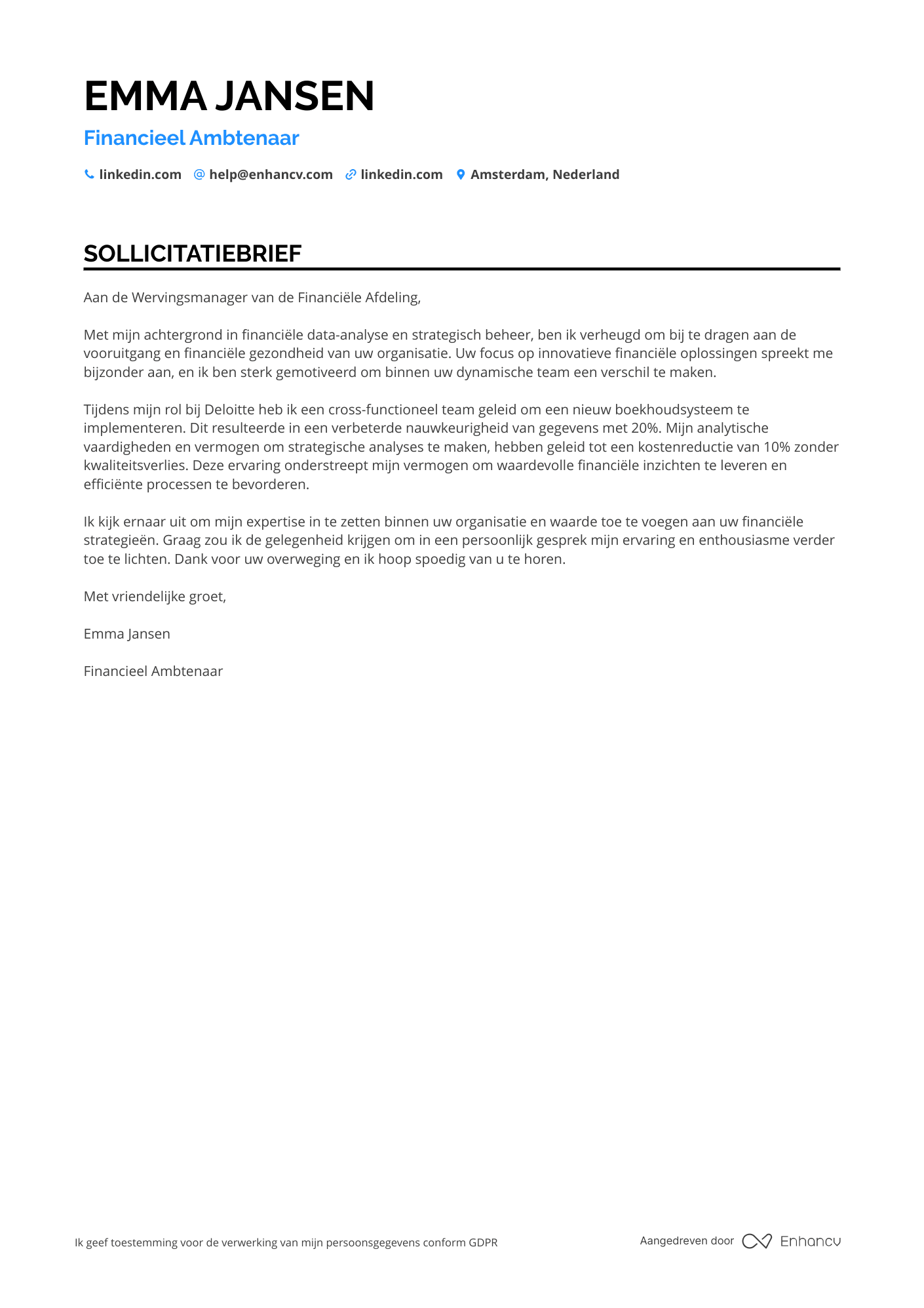 Sollicitatiebrief voor Financieel Ambtenaar