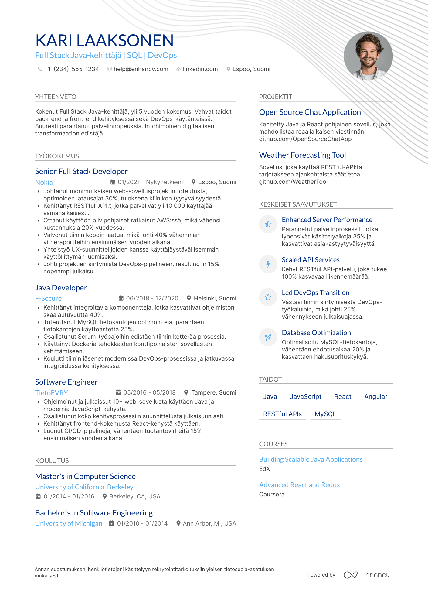 Ansioluettelo Full Stack Java kehittäjä