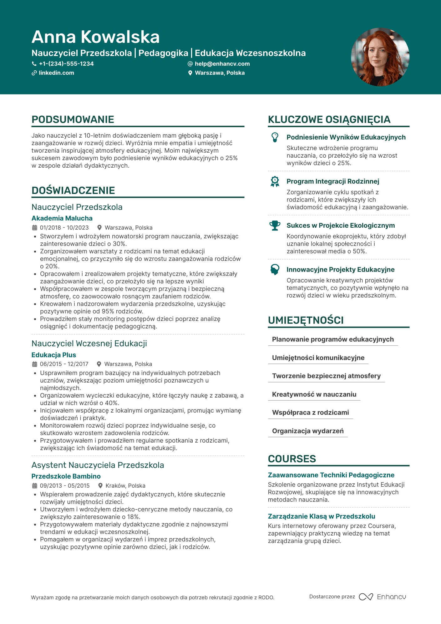 CV dla Nauczyciel Przedszkola Wczesnej Edukacji