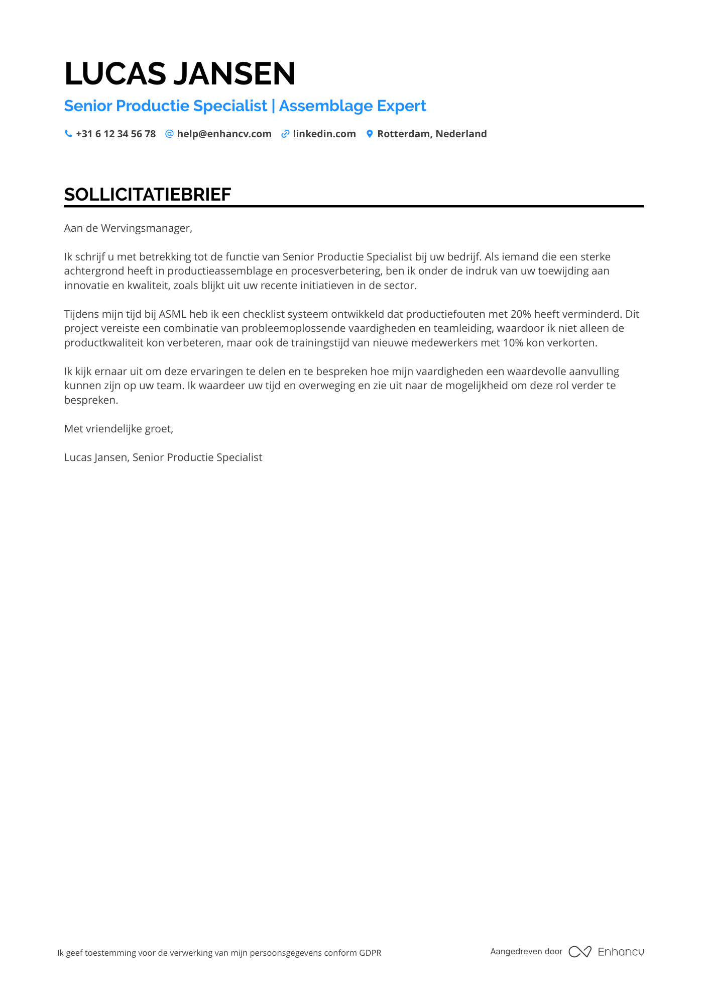 Sollicitatiebrief voor Fabrieksarbeider Montage