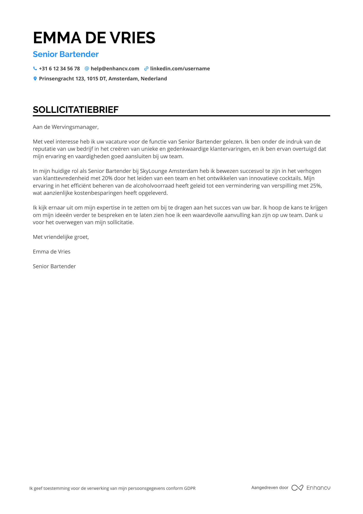 Sollicitatiebrief voor Senior Bartender