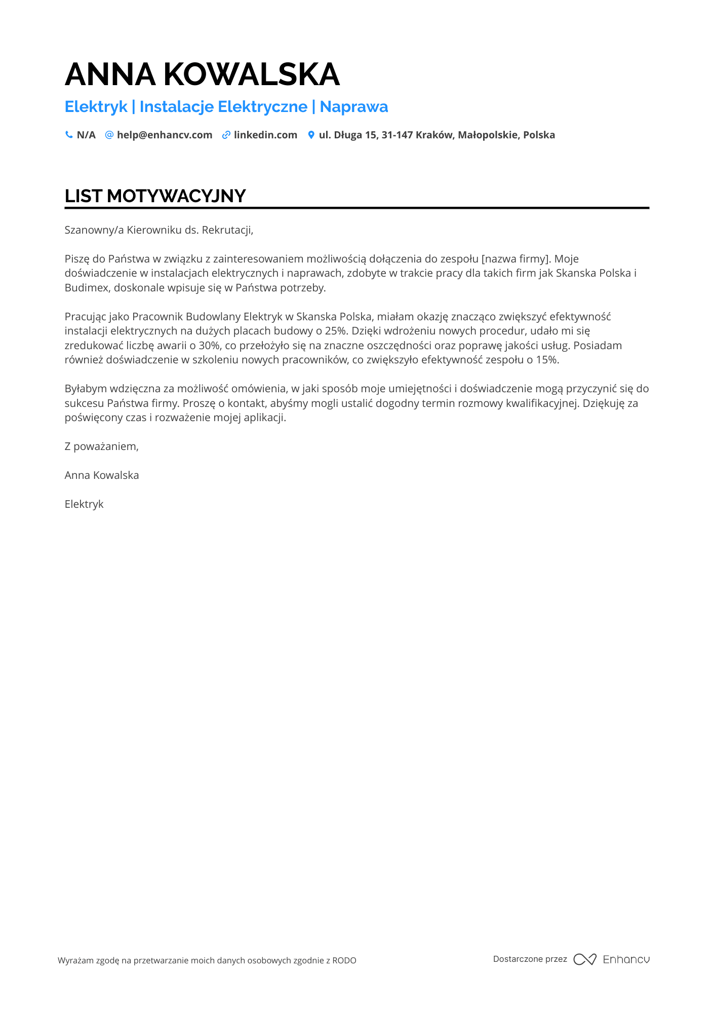 List motywacyjny dla Pracownik Budowlany Elektryk