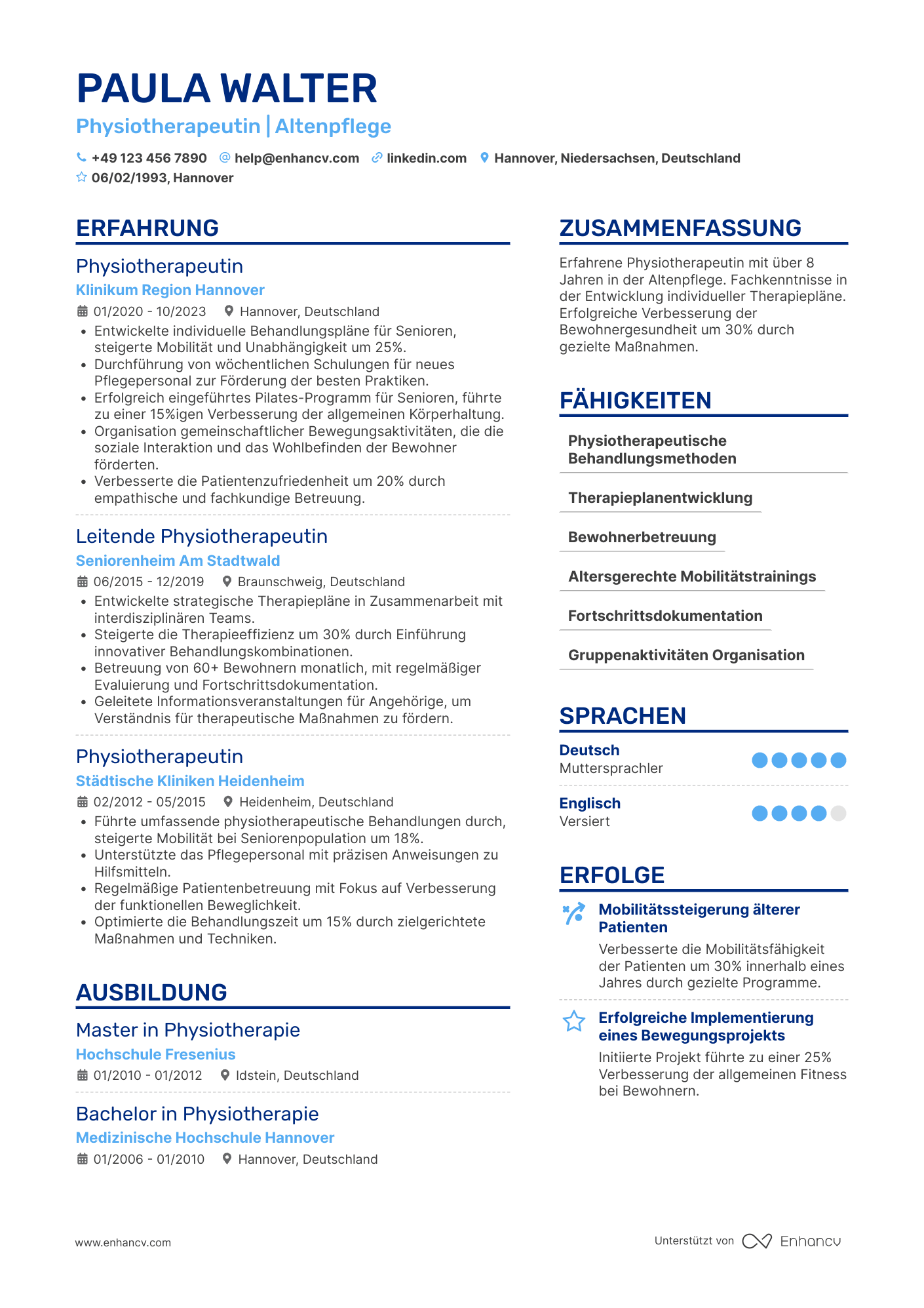 Lebenslauf in Physiotherapeut in einem Altenheim
