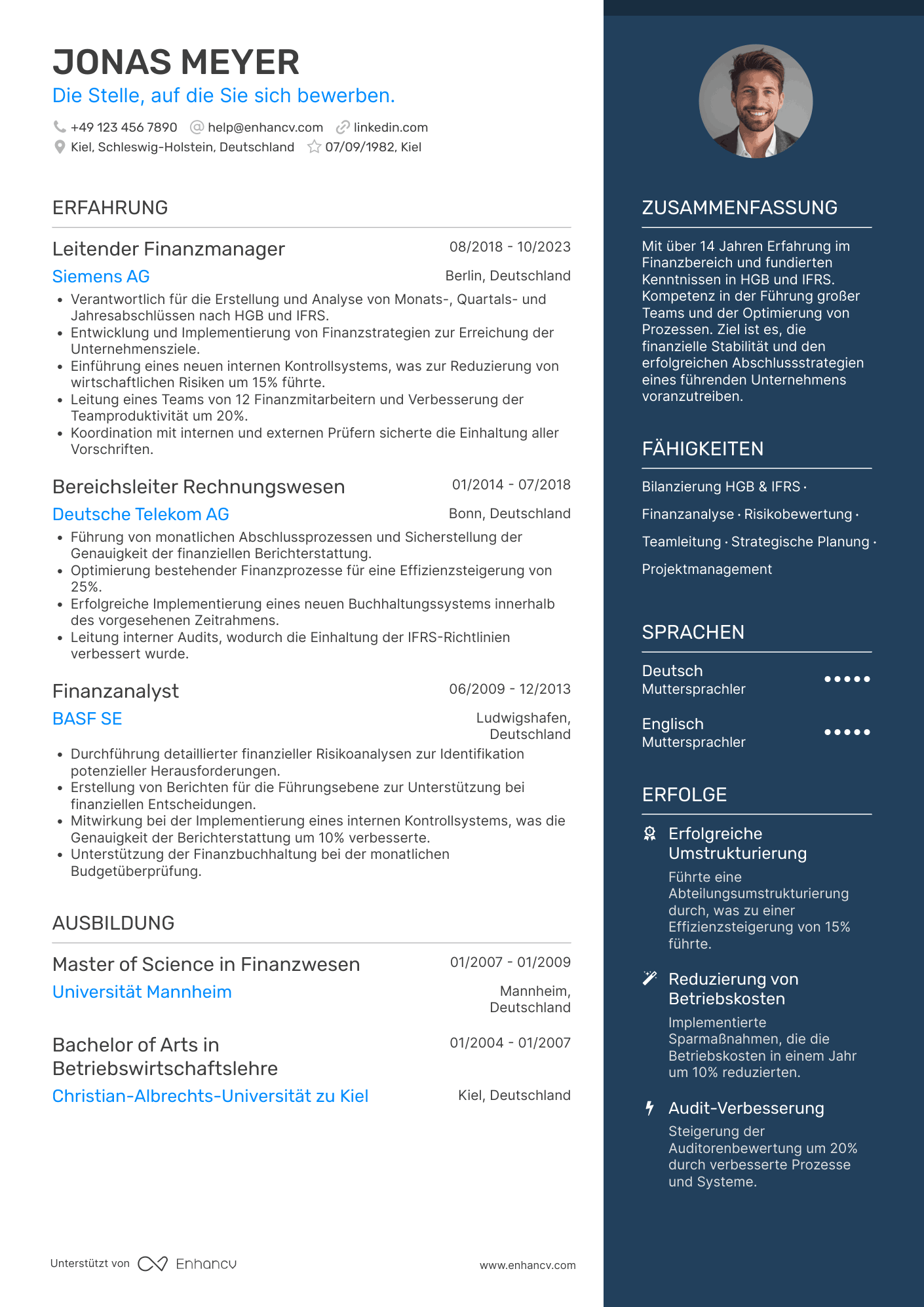 Lebenslauf als Finanzvorstand für Bilanzierung