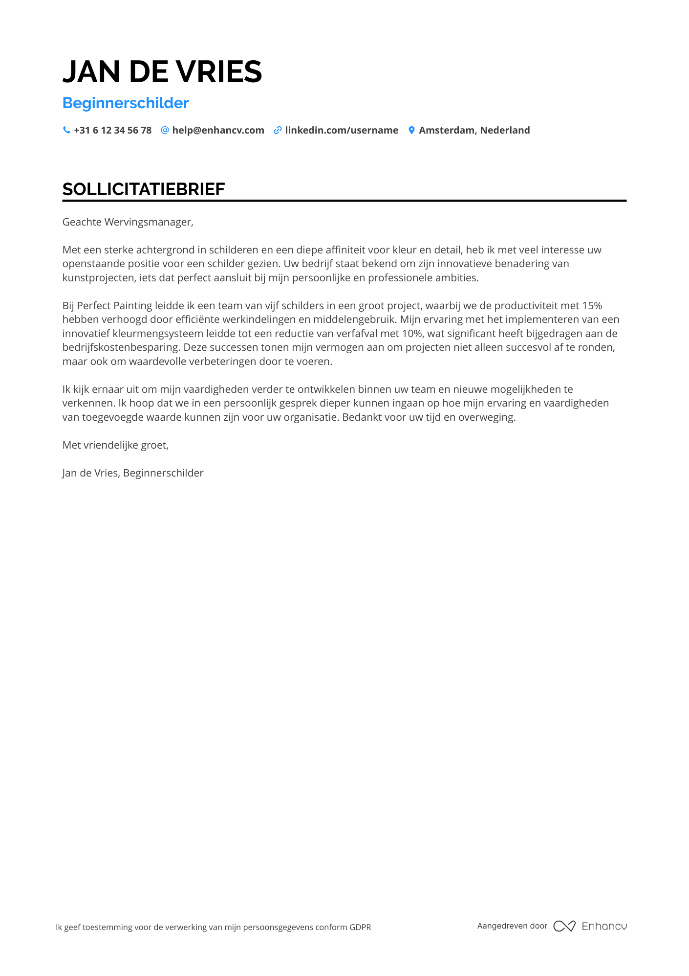Sollicitatiebrief voor Beginnerschilder
