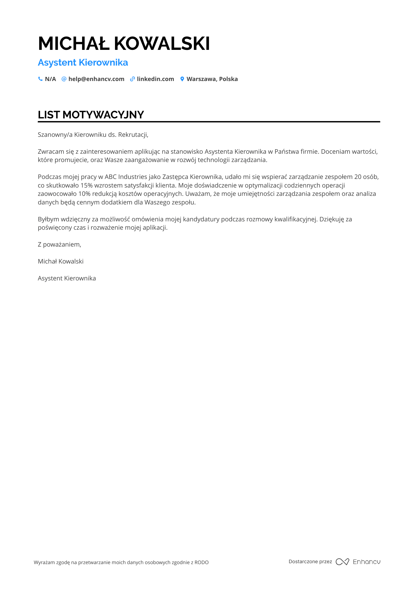 List motywacyjny dla Zastępca Kierownika