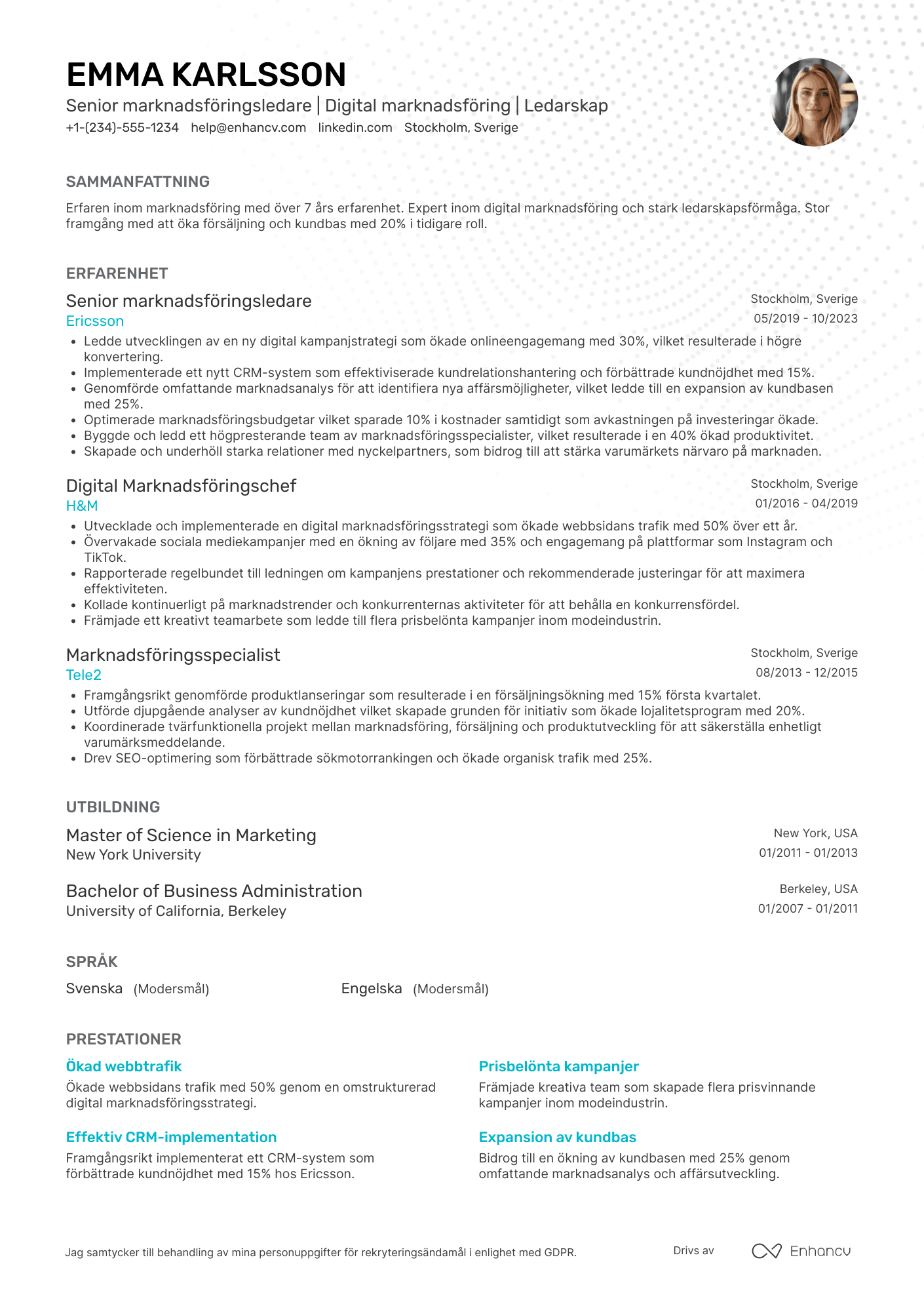 CV för Senior marknadsföringsledare