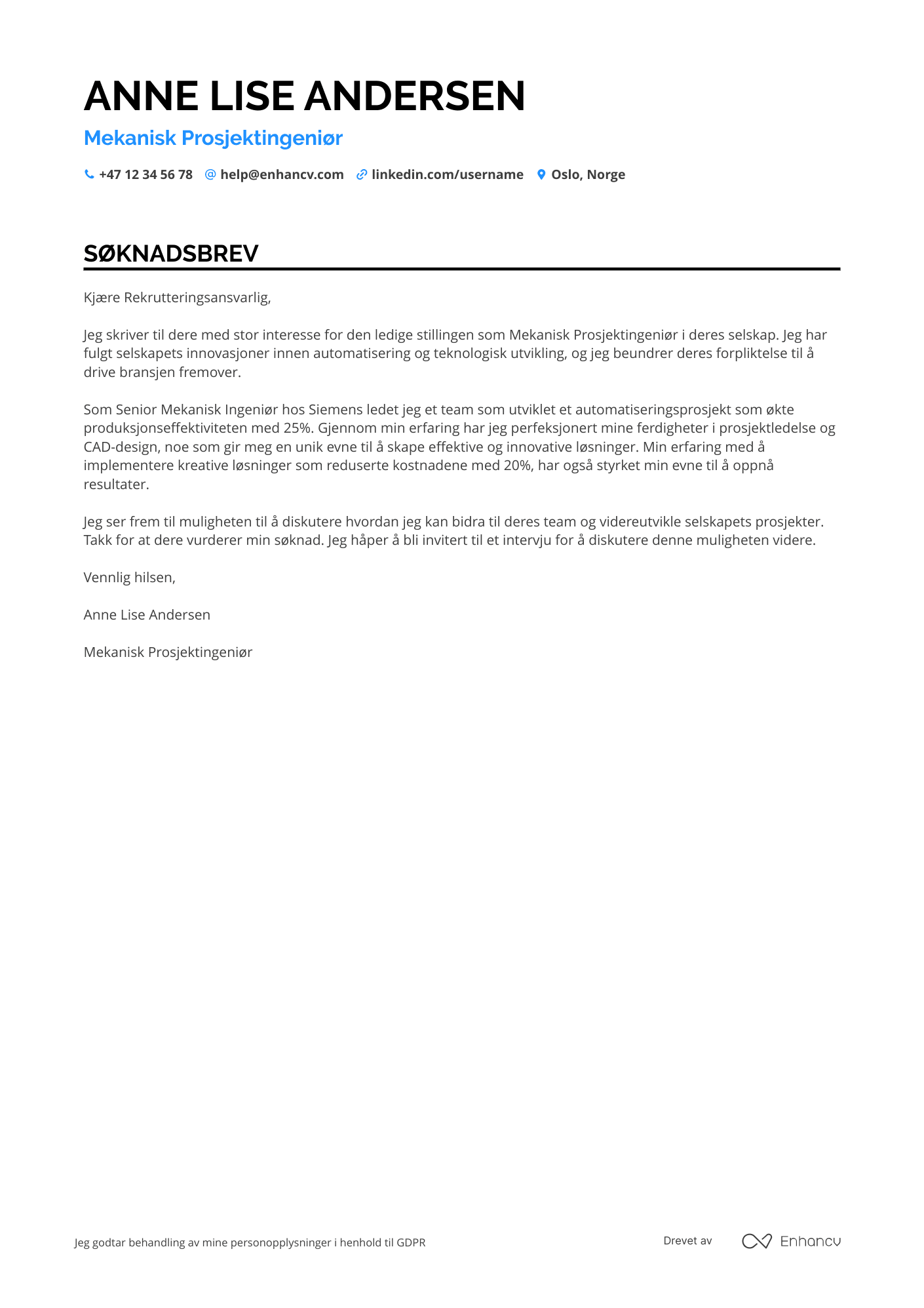 Søknadsbrev for Mekanisk Prosjektingeniør   Automatisering