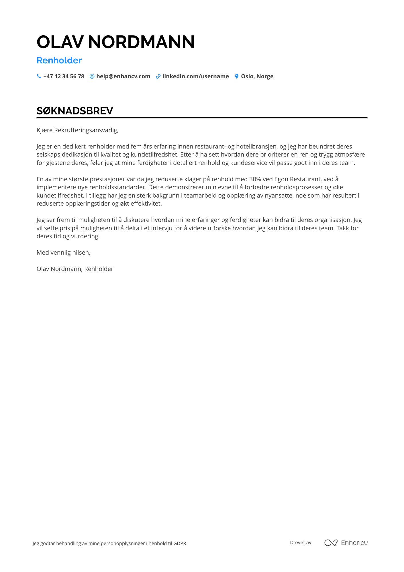 Søknadsbrev for Restaurantmedarbeider Renholder