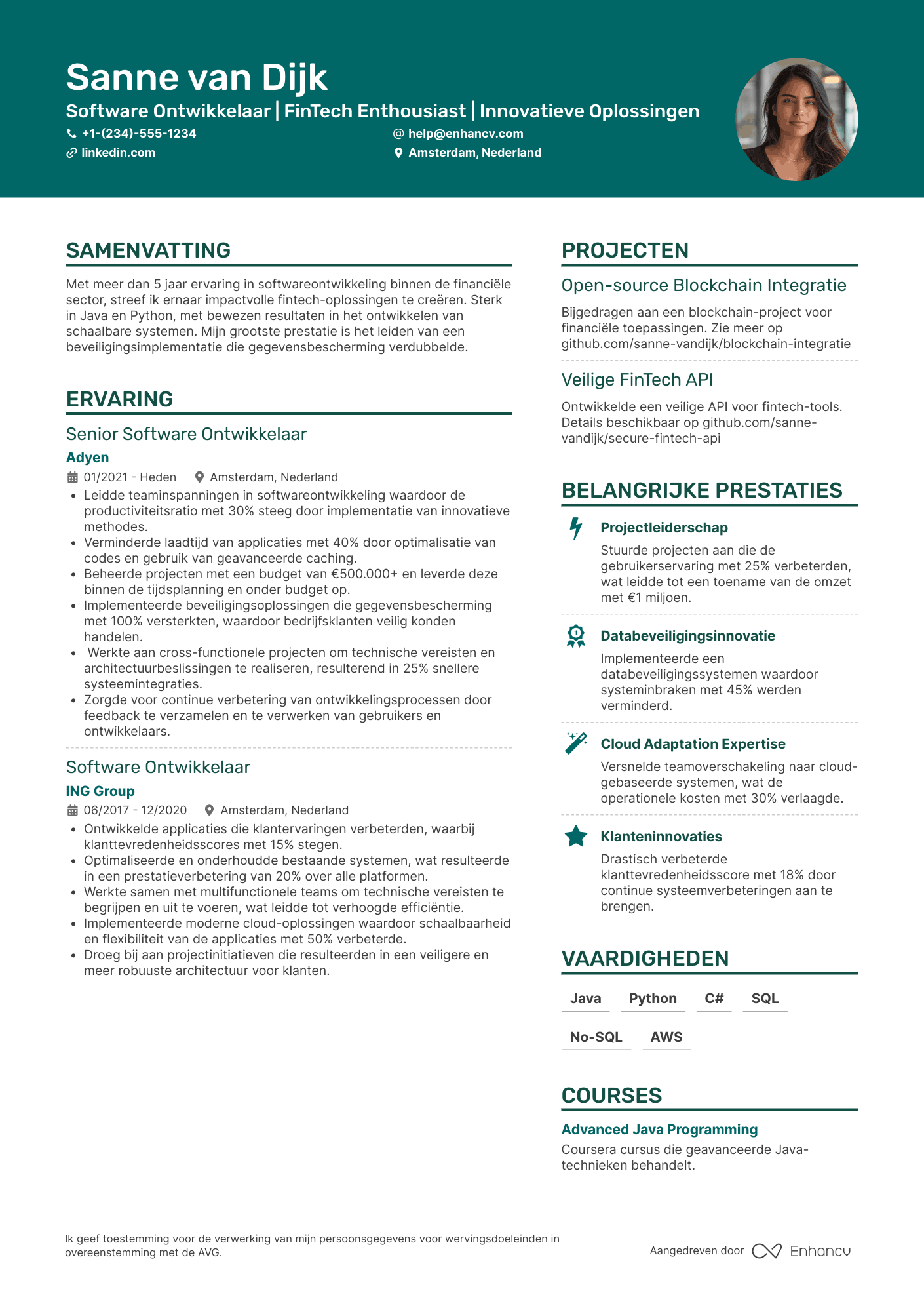 CV voor Software Ontwikkelaar FinTech