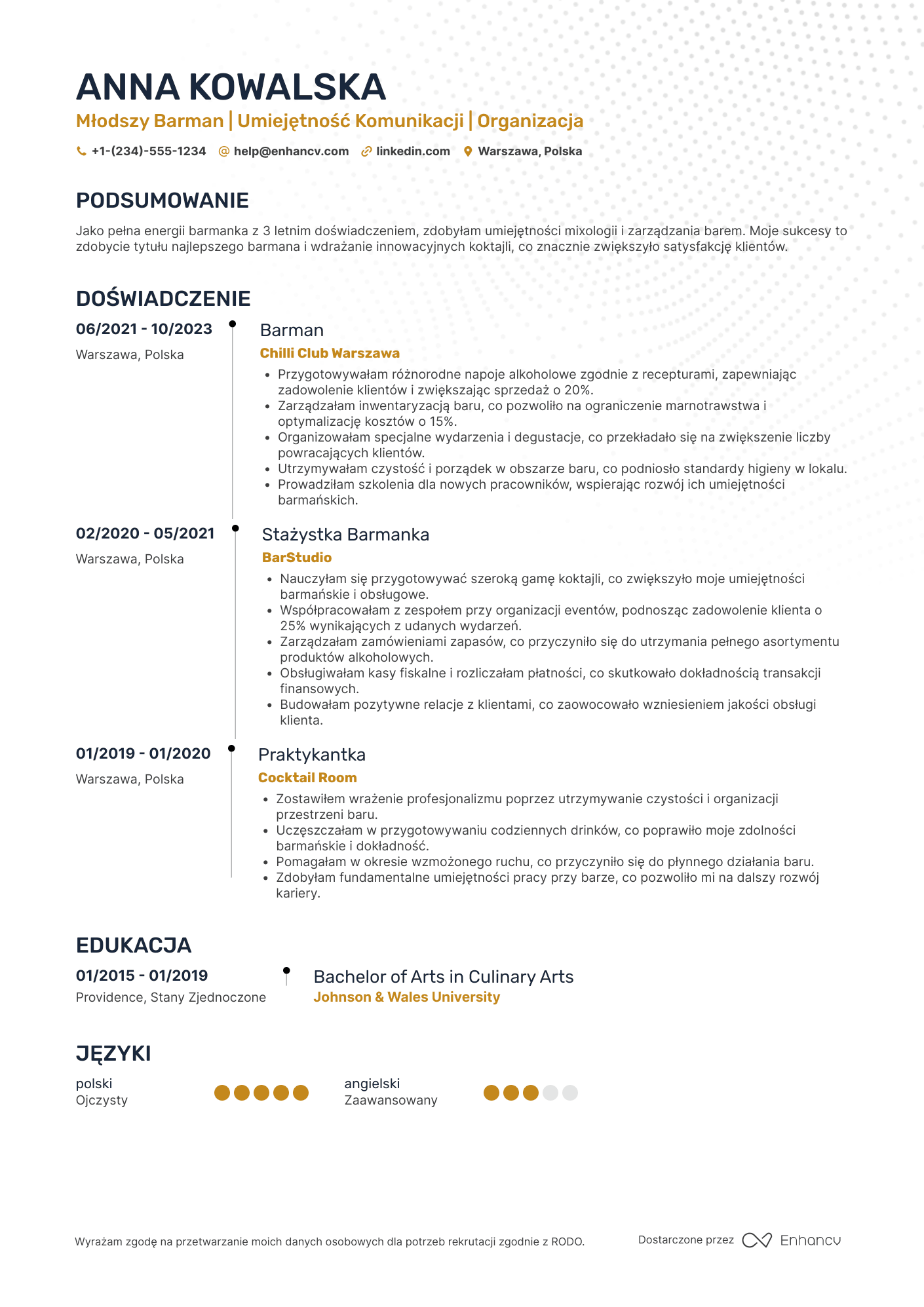 CV dla Młodszy Barman