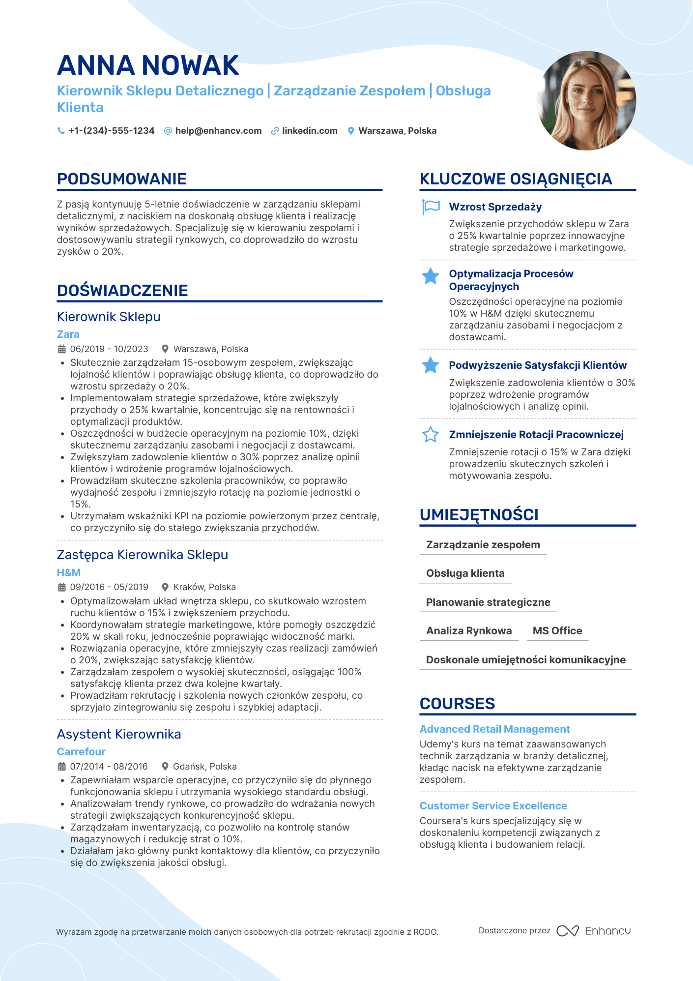 CV dla Kierownik Sklepu Detalicznego