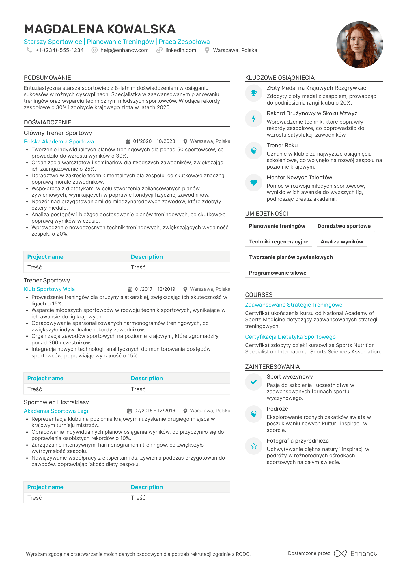 CV dla Starszy Sportowiec
