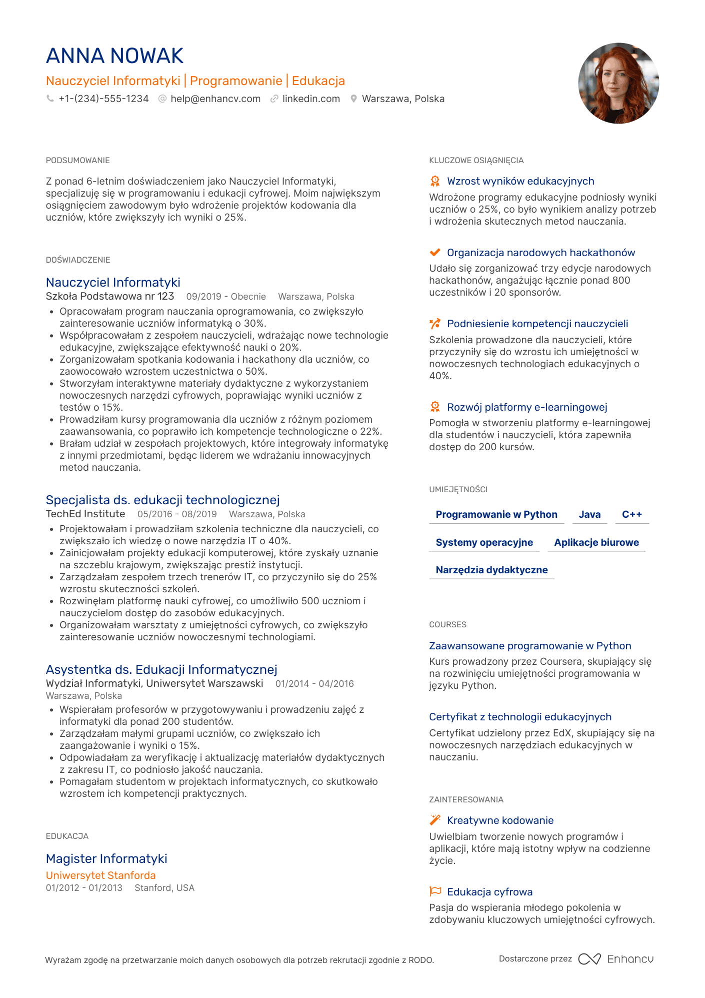 CV dla Nauczyciel Informatyki